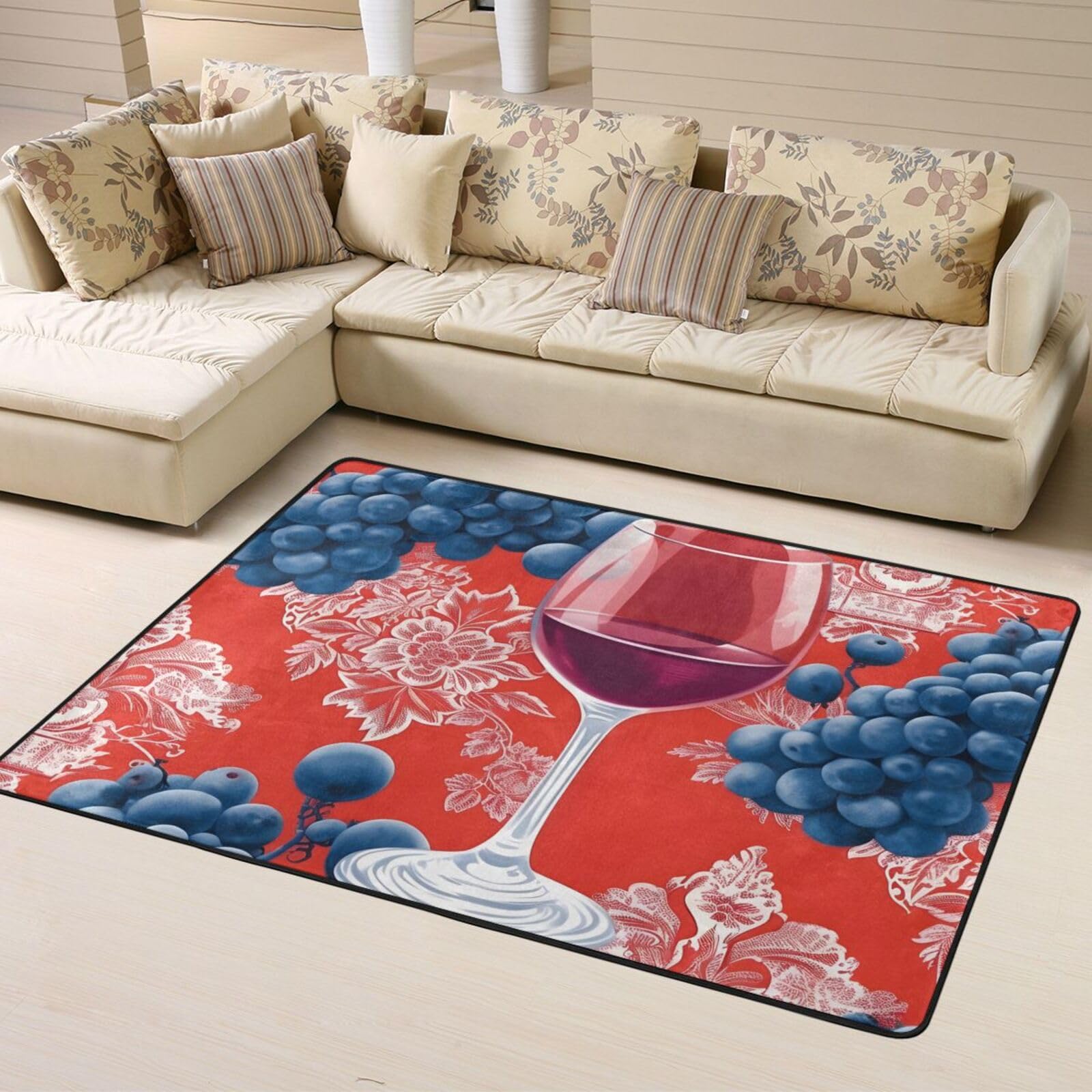 Tapis à poils courts salon ambiance chaleureuse avec motif verre à vin moderne
