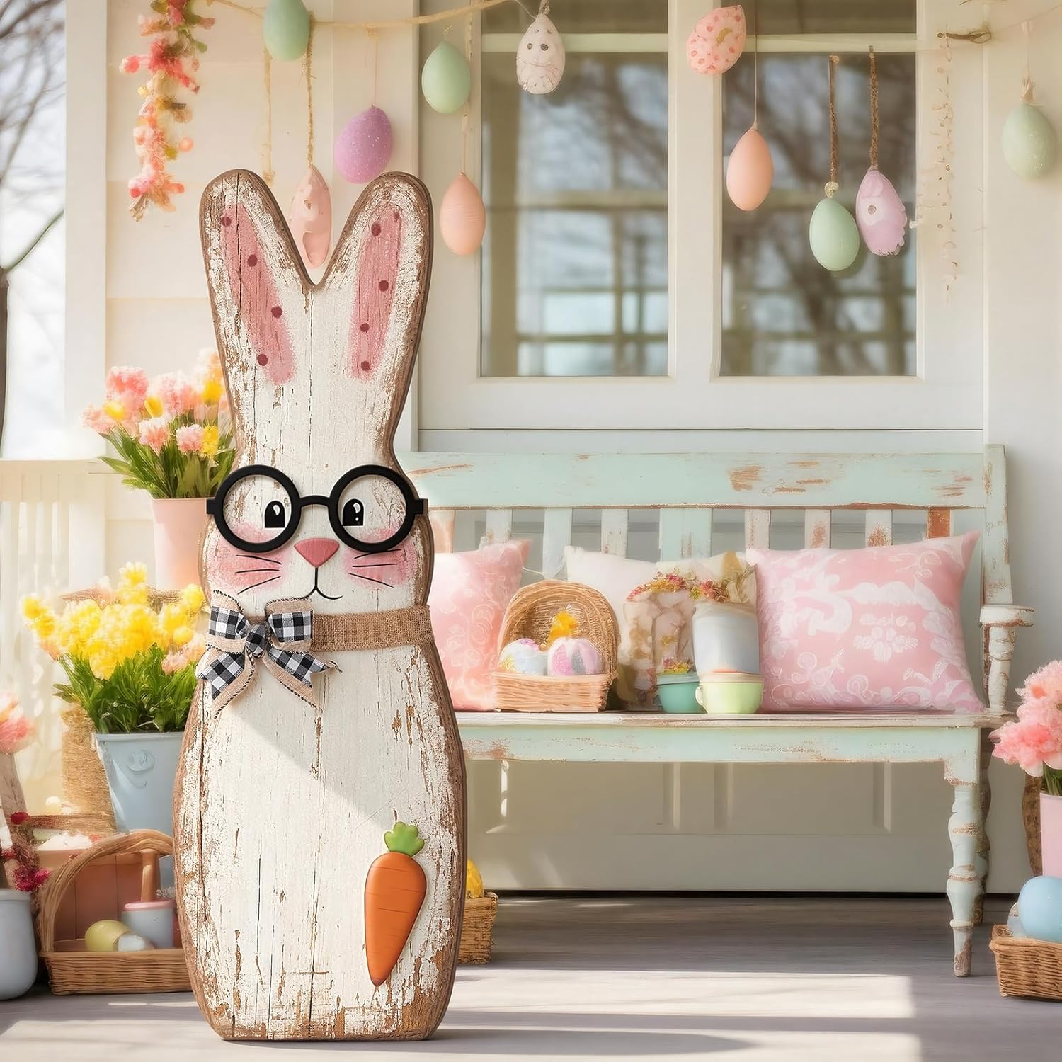 Yerliker 35 Inch Easter Wooden Porch Sign Wooden Bunny Standing Sign Decoration Easter Rabbit Outdoor Decor Bunny Shape Decor for Porch, Yard, Front Door, Garden, Patio, Outdoor