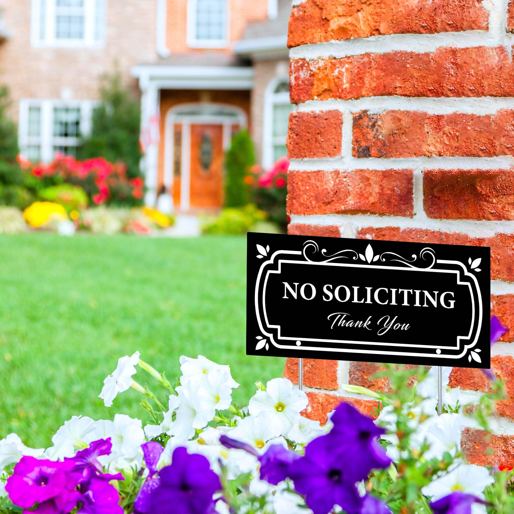 „No Soliciting“ Schild Für Zuhause – 14x30 Cm, Aluminium, Mit Metallpfählen | Abweisungsschild Für Garten & Haustür