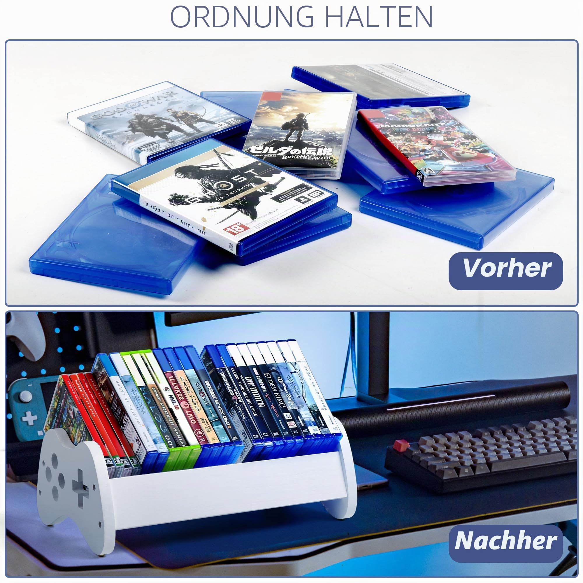 Alyoen Spiele Aufbewahrung, Universeller Spielhalter für PS5/ PS4/ PS3/ Xbox/Switch Spielhüllen, Speichert Maximal 32 Spiel Discs, Videospiel Storage Organizer, Weiß