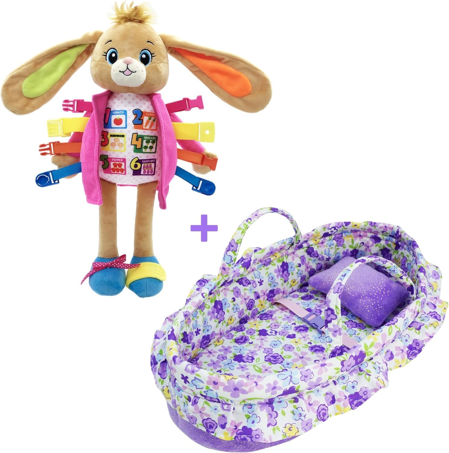 June Garden 2 Pcs Dressy Friends Playset Bundle - Includes 15.5" Dressy Friends Bunnie and Purple Cozy Dream Doll Bassinet