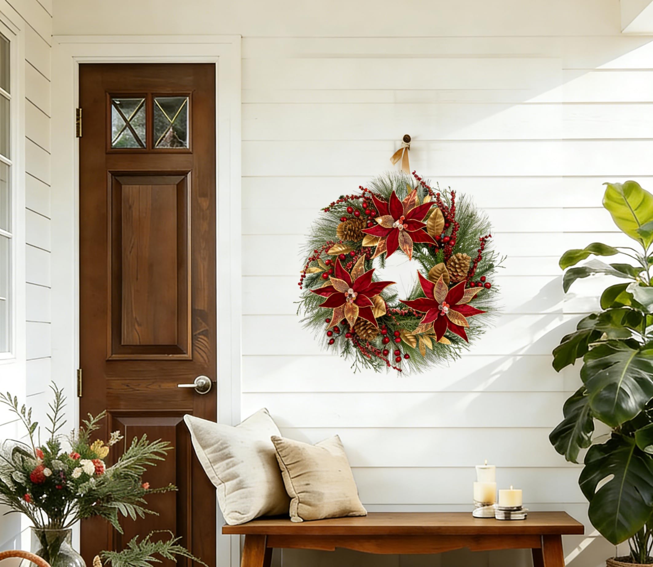 Arbrous - Corona de Navidad para puerta delantera, coronas de Navidad de 24 pulgadas, corona de Navidad con flores rojas de pascua, conos de pino, bayas, hojas de magnolia, coronas de invierno para