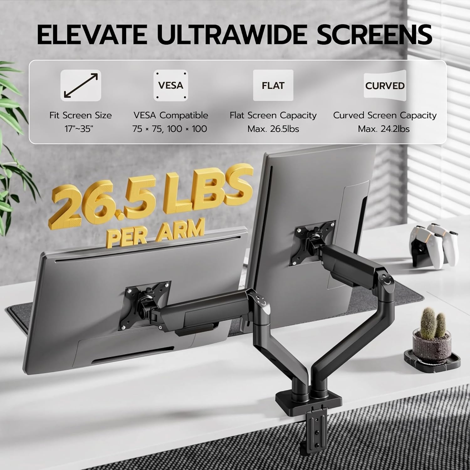 ARES WING Dual Monitor Mount, Heavy Duty Monitor Arms for 2 Monitors for 17-35 Inch, Fully Adjustable Monitor Desk Stand with USB A/C for Ultrawide Screen, VESA 75x75 or 100x100mm, Black - Image 3