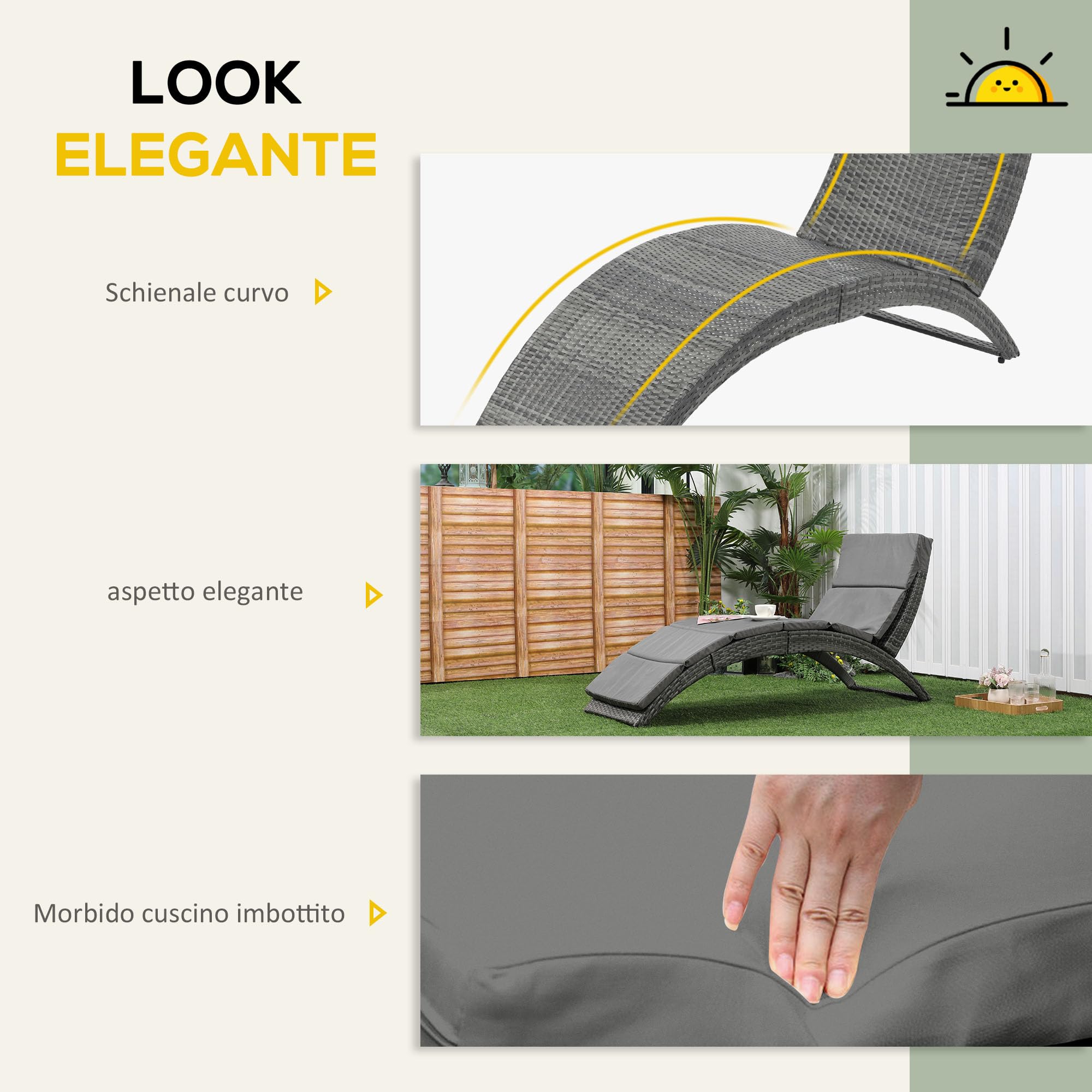 TLGREEN Lettino Pieghevole Da Giardino Effetto Rattan – Schienale Regolabile 4 Livelli, Cuscino 5 Cm, Max 150 Kg