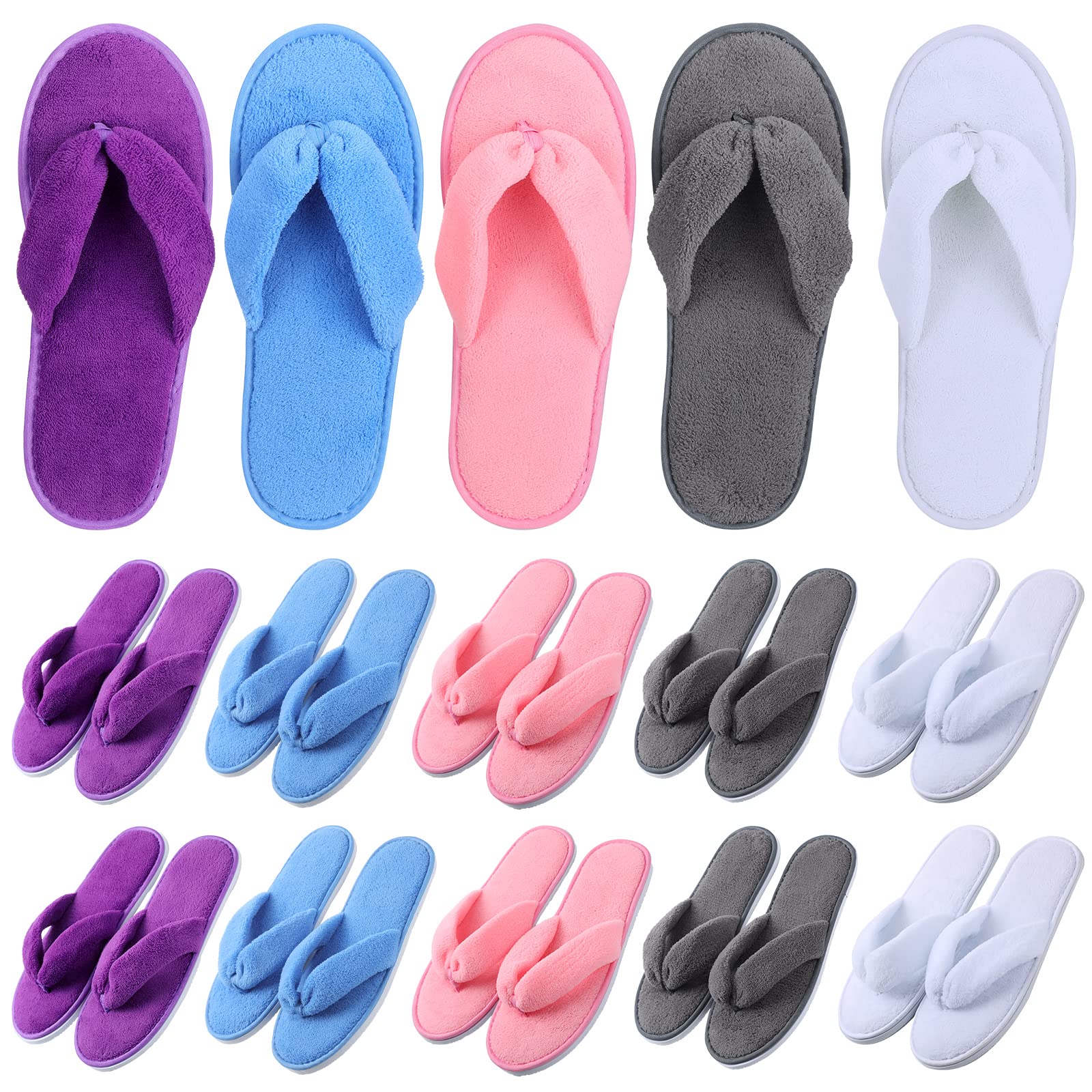 unittype 10 pairs spa slippers flip flops thong sandal slippers soft coral fleece house slippers guest hotel slippers (blue, white, gray, purple, pink)
