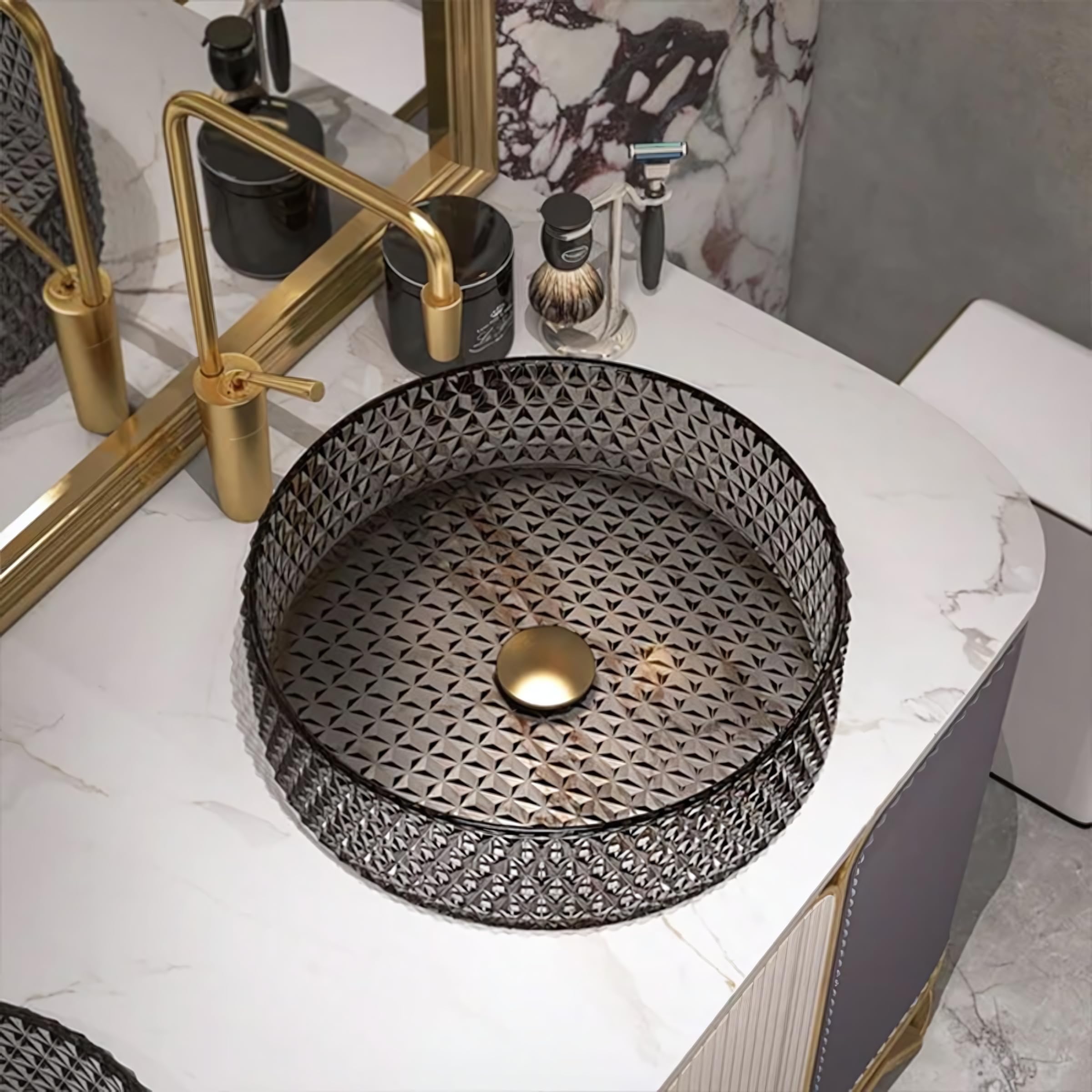 Rea Lavabo sobre encimera Cristal Grey 39 aro cepillo nikiel Lavabo de baño 400 x 400 x 110 mm Vidrio (gris)