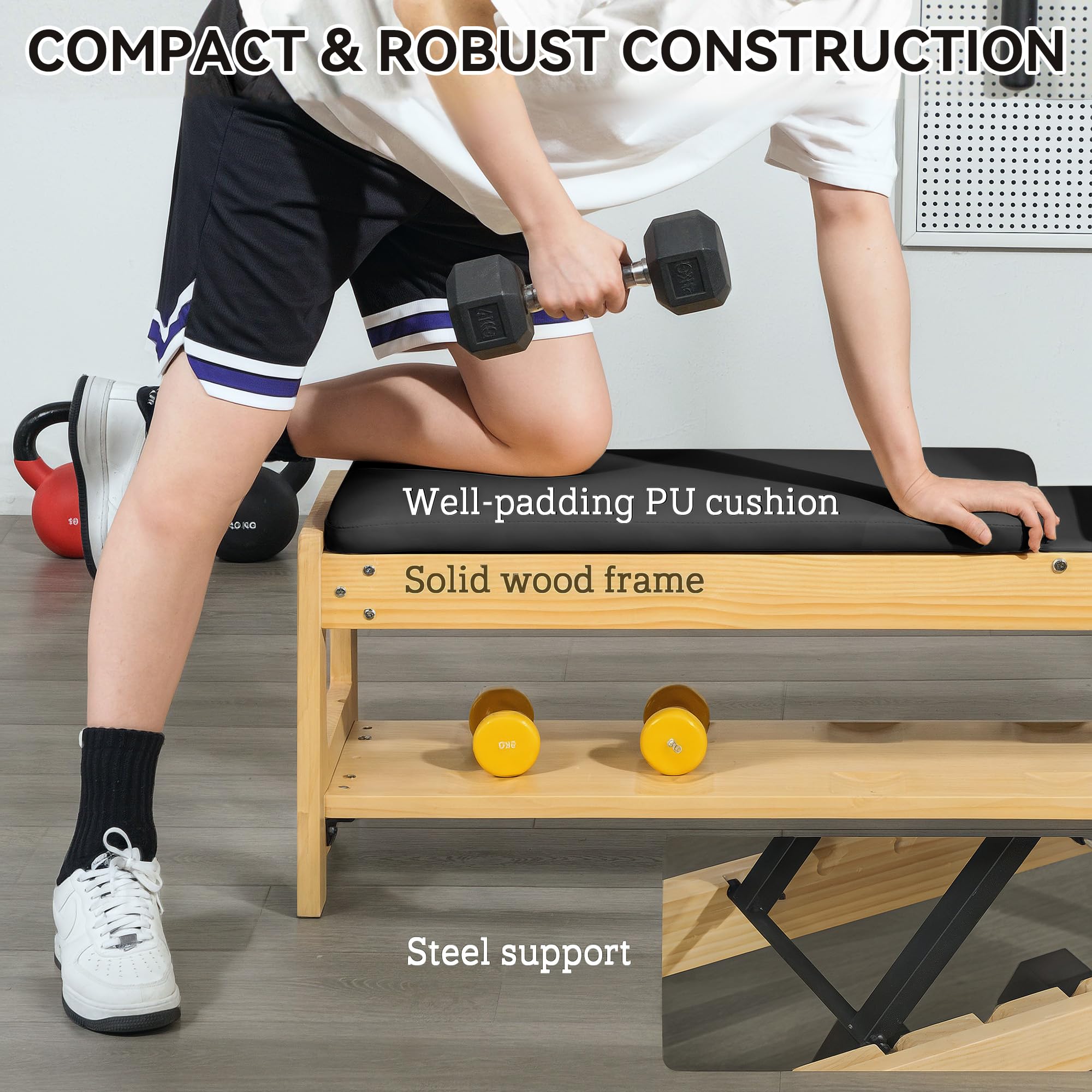 Adjustable Weight Bench with Dumbbell Rack Wooden Gym | Flat or Incline Design, Home Gym Weight Lifting Training
