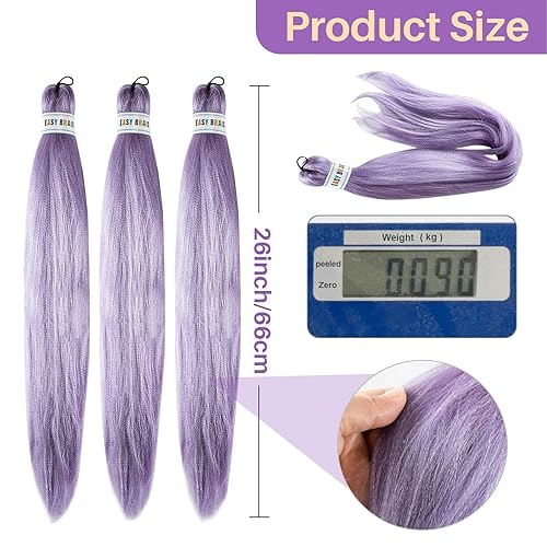 Miniatura 2 de Paquete de 3 extensiones de cabello trenzado preestirado, 26 pulgadas, color morado claro, extensiones de cabello trenzado suave, cabello trenzado