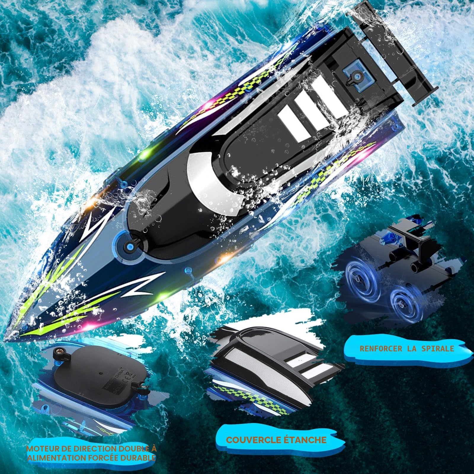 Bateau télécommandé, Bateau électrique Grande Vitesse étanche 2,4 GHz avec 2 Piles Rechargeables et lumière LED, Ship Course électrique sans pour Enfants Adultes Piscine lac rivière (Blue)