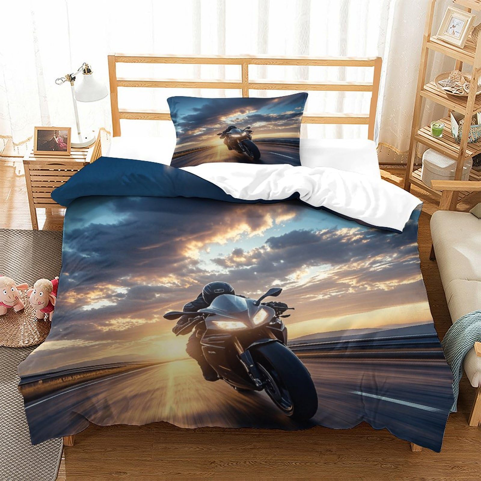 Xiaopangxy Boys Moto Racing Warmth Quilt Cover Set Hidden Zipper Duvet Cover Set With Pillowcases Motorcycle Bed Linen Set Soft Microfiber Comforter Cover For Kids Adults Single（135X200cm）