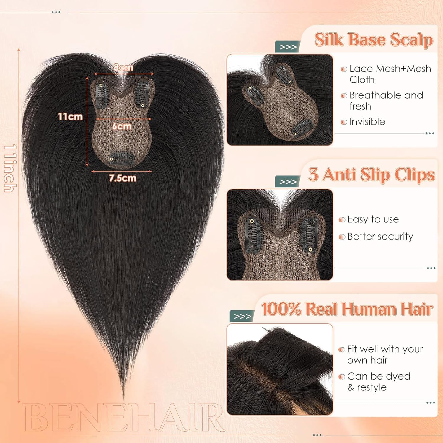 Benehair Haar Topper Damen Echthaar 100% Echtes Remy-Haar Haartopper Echthaar Oberkopf Damen #1B Natürliches Schwarz 21g 27 CM