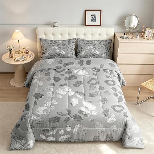 Silver Leopard Children Comforter Set,Cheetah Print Bedding Set for Women Girls,