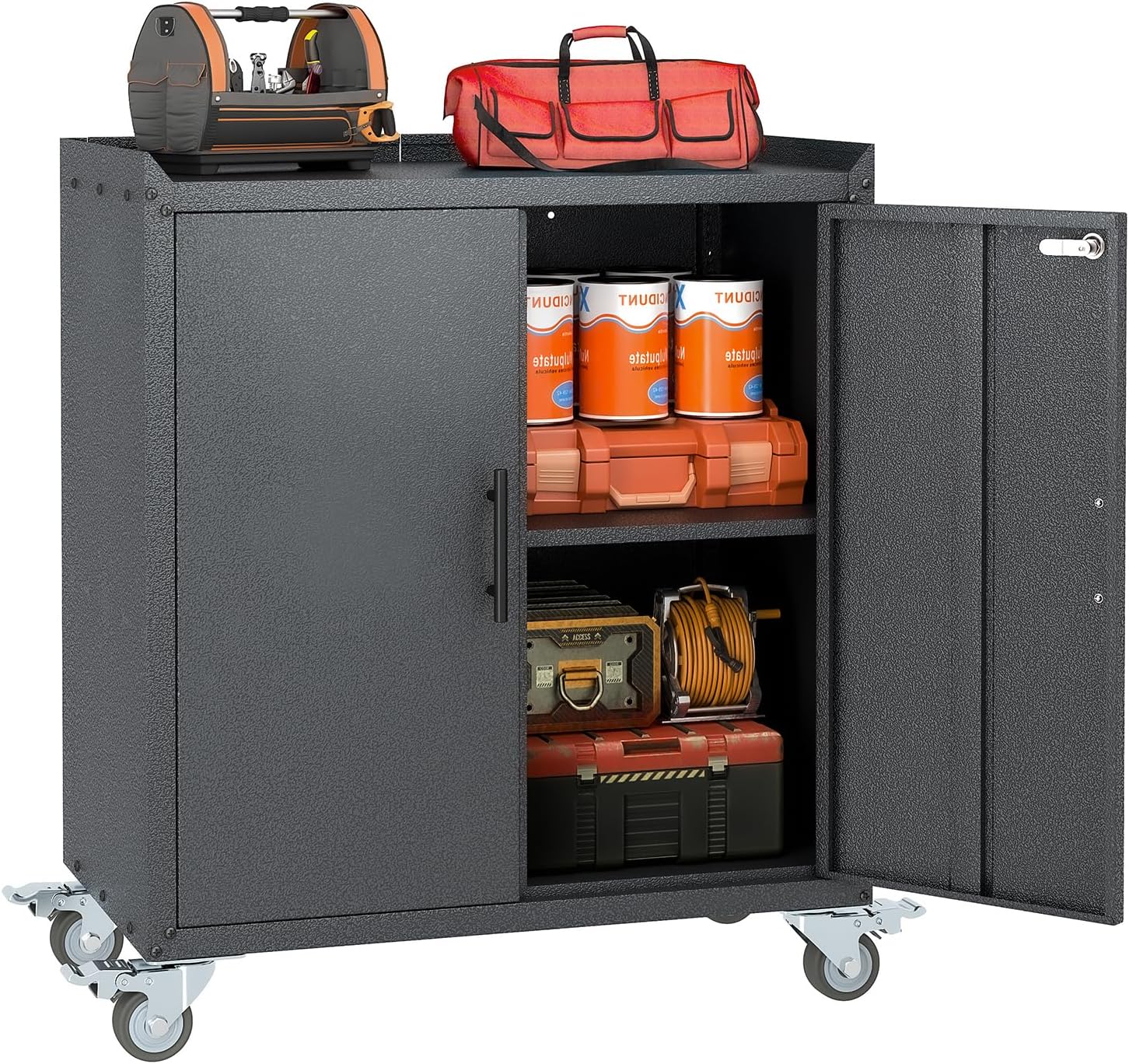 Metal Garage Storage Cabinet with Wheels, Tall Locking Cabinet with Doors and Shelves, Tool Storage Cabinets for Garage, Home Office (Black,35.6" H)