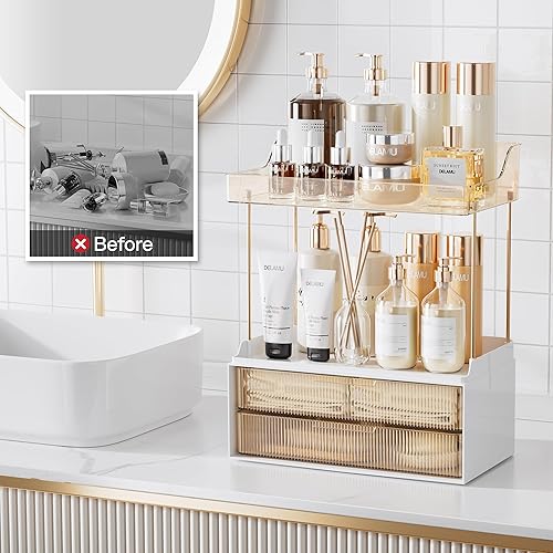 Vista 15 de Delamu Organizador y almacenamiento de baño, 2 niveles y 2 cajones, organizador de maquillaje, fácil de instalar, ideal para encimera de baño