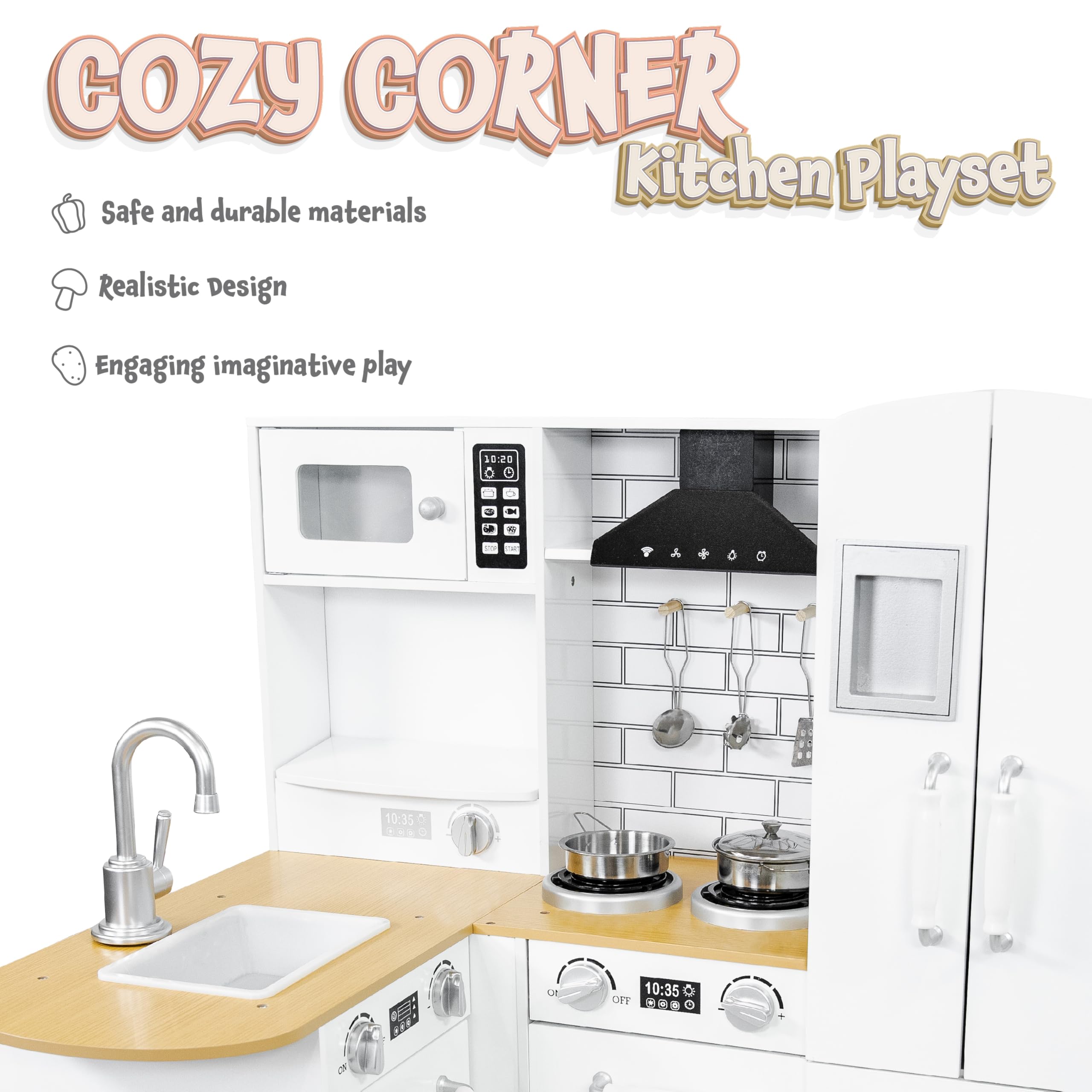 Sunnydaze Cozy Corner Interactive Play Kitchen Set for Kids - Wooden Kitchen Playset with Stainless Steel Accessories - White