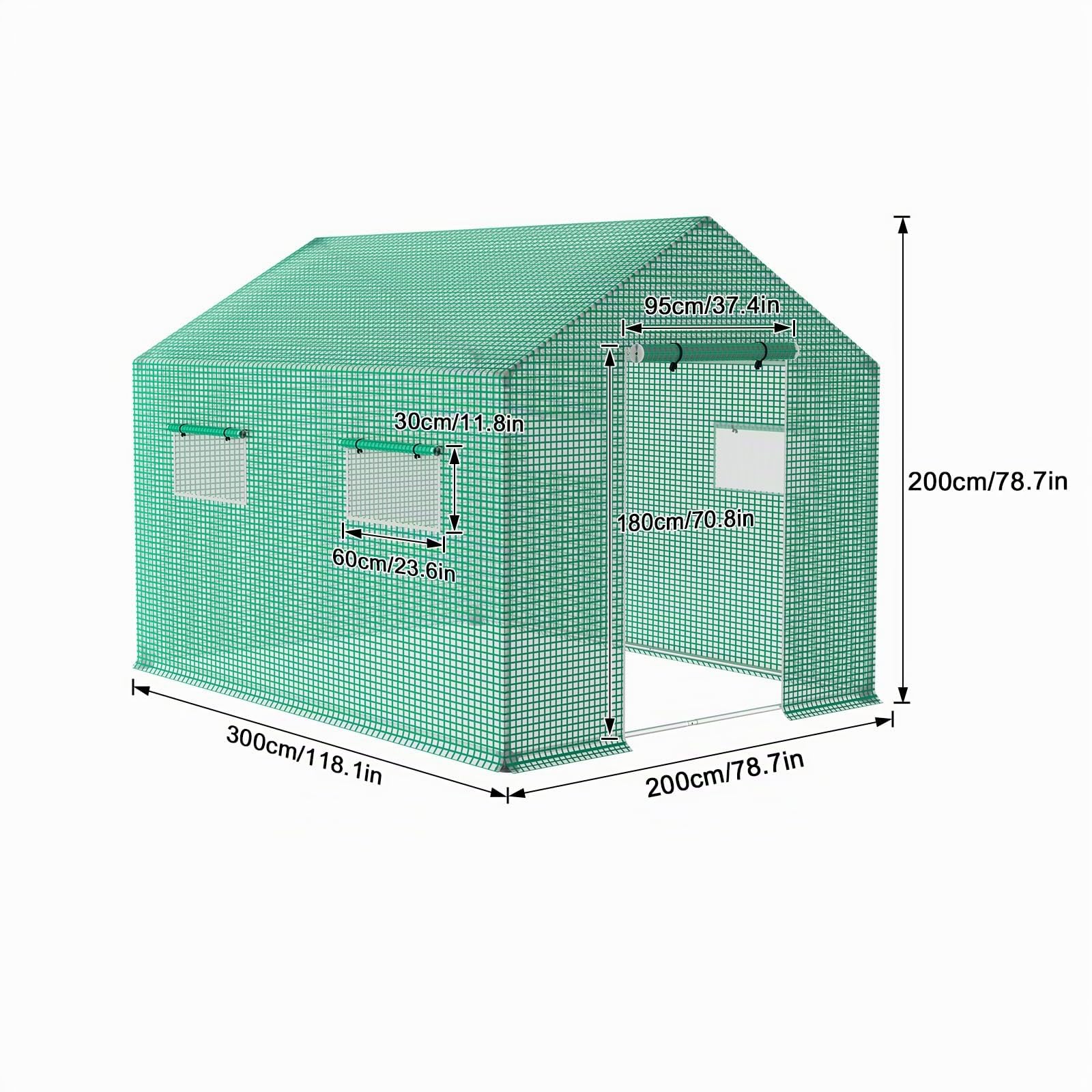 LZQ Gewächshaus Winterfest 6 ㎡, Tomatenhaus mit UV-beständiger Gitternetzfolie, Fenstern und Verzinkte Rohrrahmen, Frostschutz Folientunnel für Gemüse, Blumen und Pflanzen (3x2x2 m, Grün)