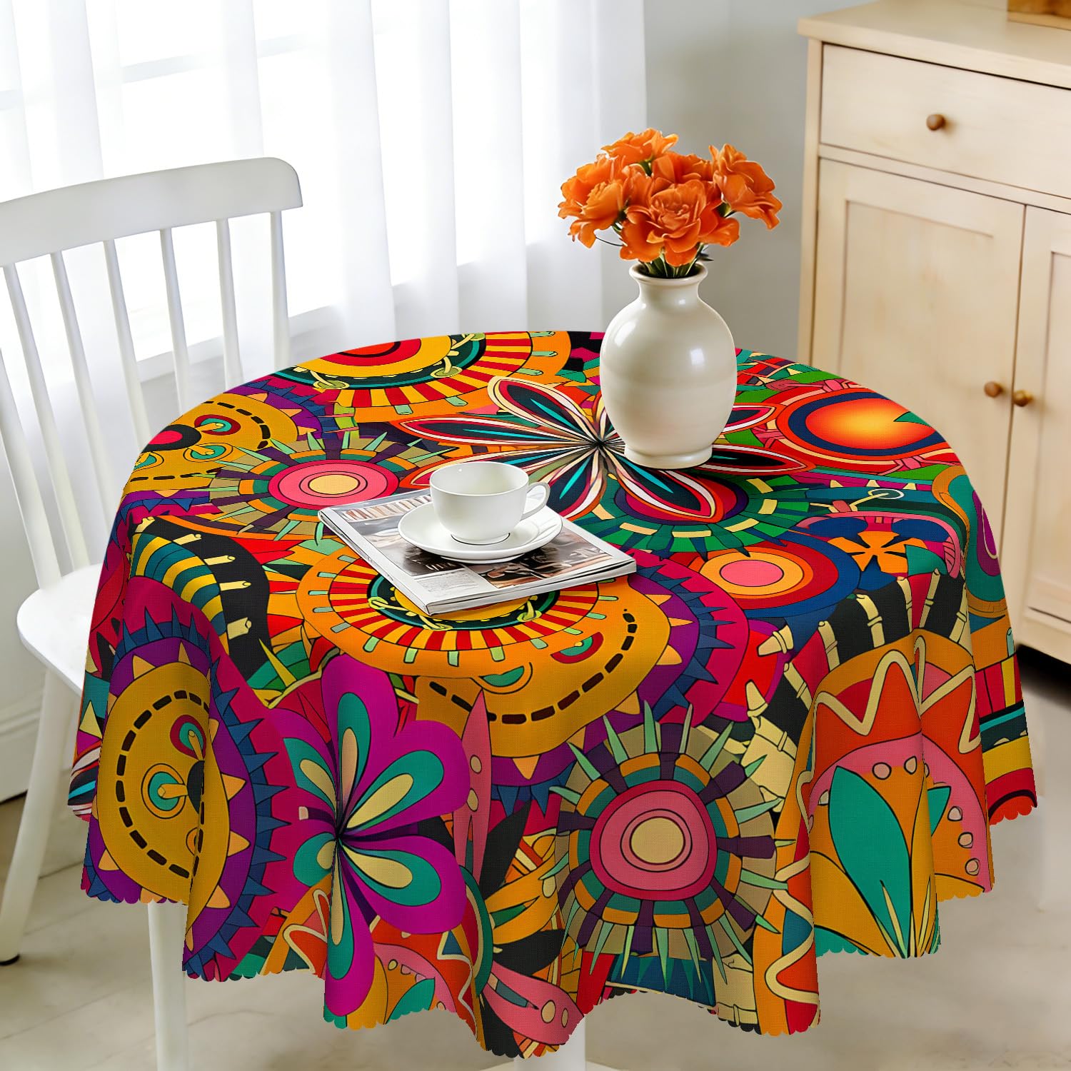 iEvery Boho Mandala Round Tablecloth Wipe Clean 140cm, Wipeable Circular Table Cloth Waterproof Stain-Resistant Polyester Table Cover for 4-6 Seater Dining Kitchen Patio Garden Party Outdoor Decor โ image 1