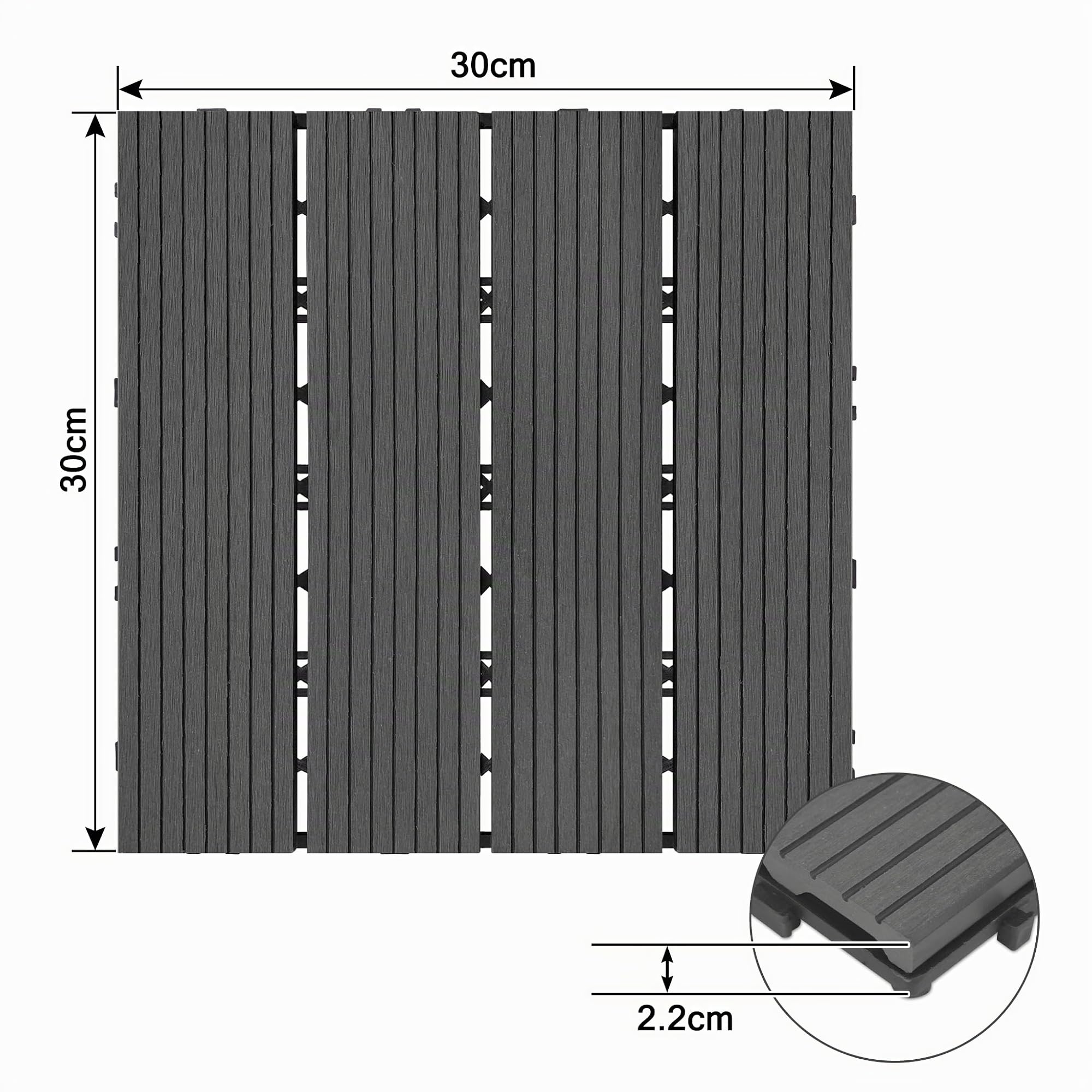 UISEBRT 33 Stück Balkon Bodenbelag WPC Terrassenfliesen Holzoptik Klicksystem Anthrazit (30x30cm)