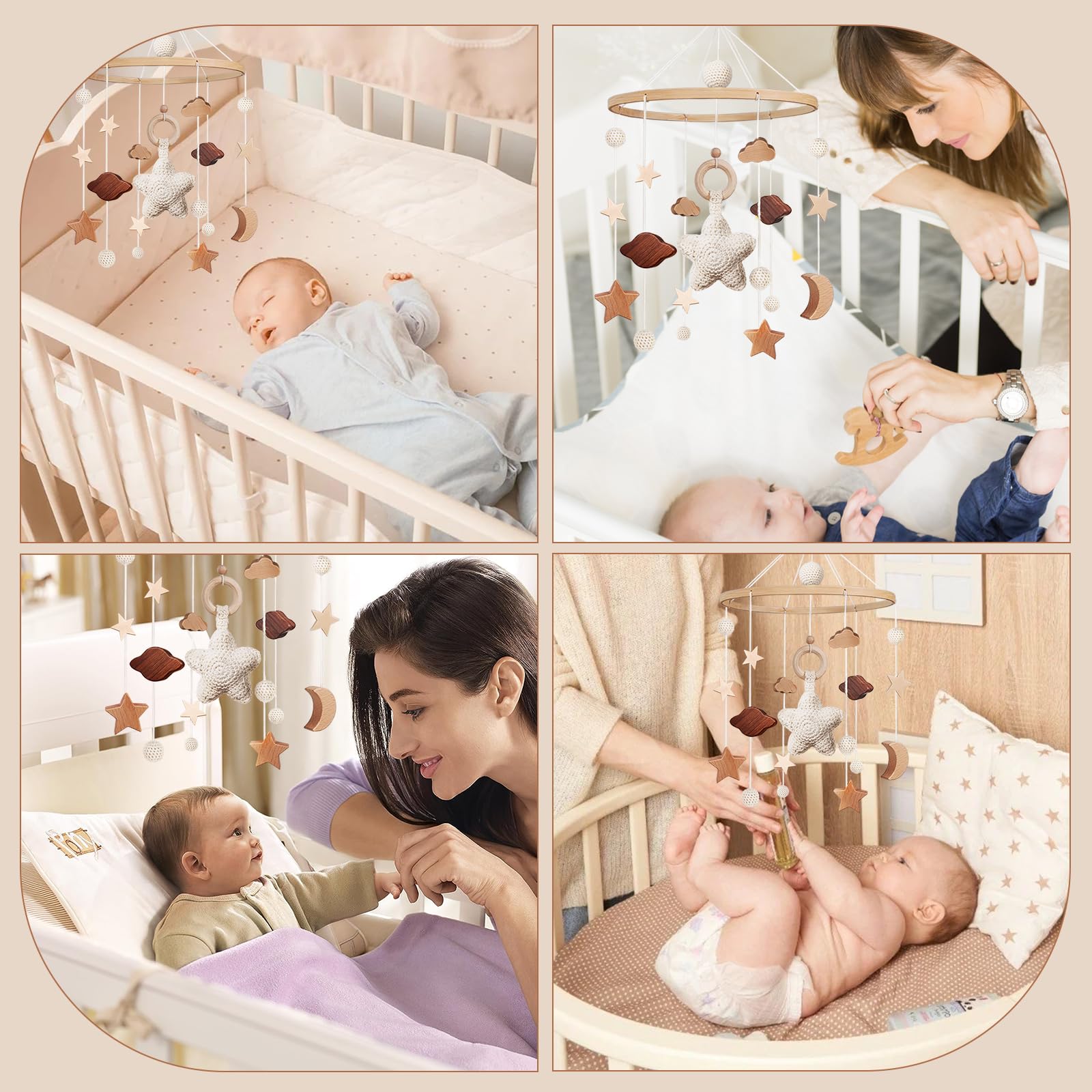 SWECOMZE Mobile Baby Bettglocke mit Sterne Hölz Mädchen Hängende Mobile Windspiel für Babybett Kinderbett