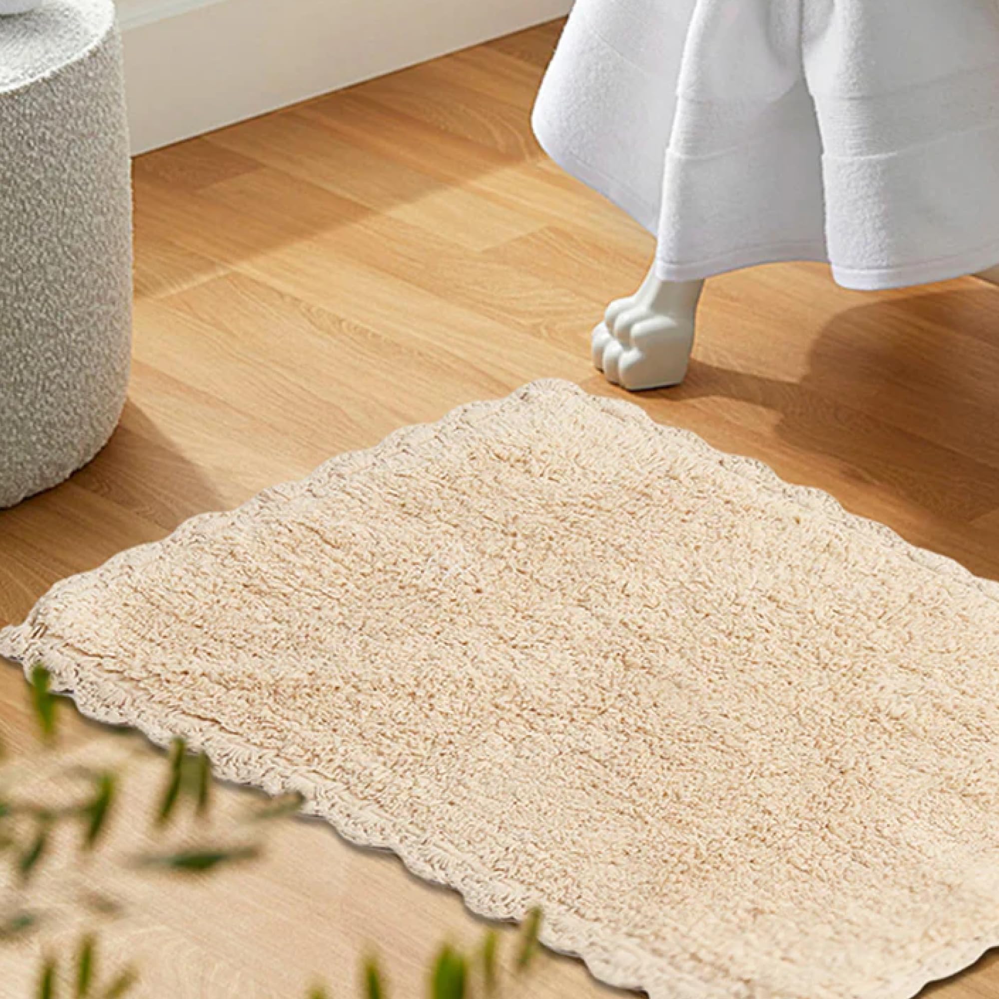 Habere India-All the Cultures Fabricating India - Crochet Bath Mat, Super Absorbent 100% Cotton & Quick Dry Bath Rug for Bathroom Floor Mats (Beige_Rectangular - 60 x 40 CM)