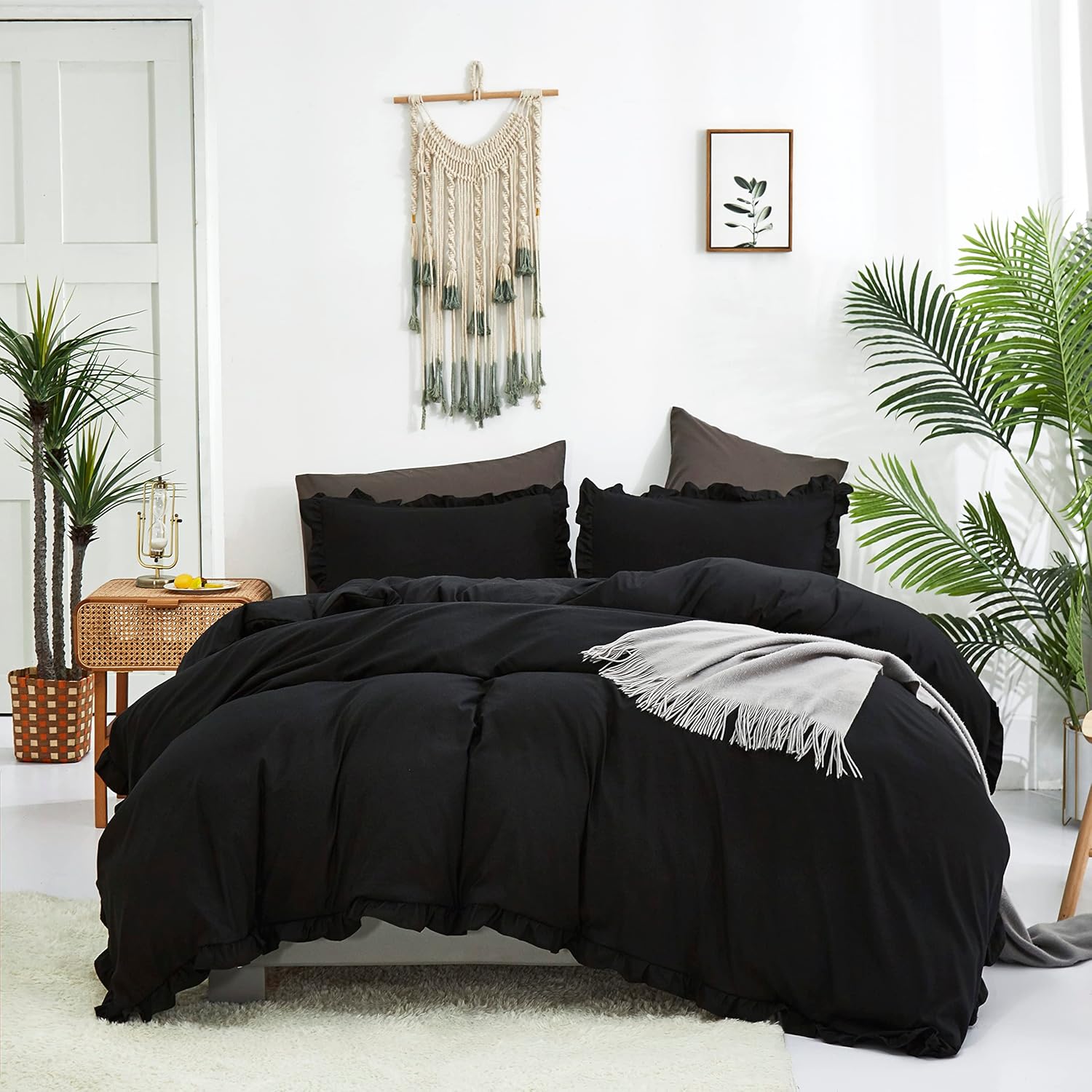 Houseri Ruffle Black Comforter Set King Plain Black Bedding Comforter