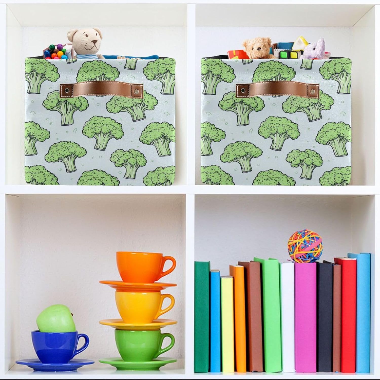 Large Storage Baskets Vegetable Broccoli Pattern Fabric Storage Bins with Handles Decorative Collapsible Shelf Baskets for Organizing Clothes, Towel, Toys, Home