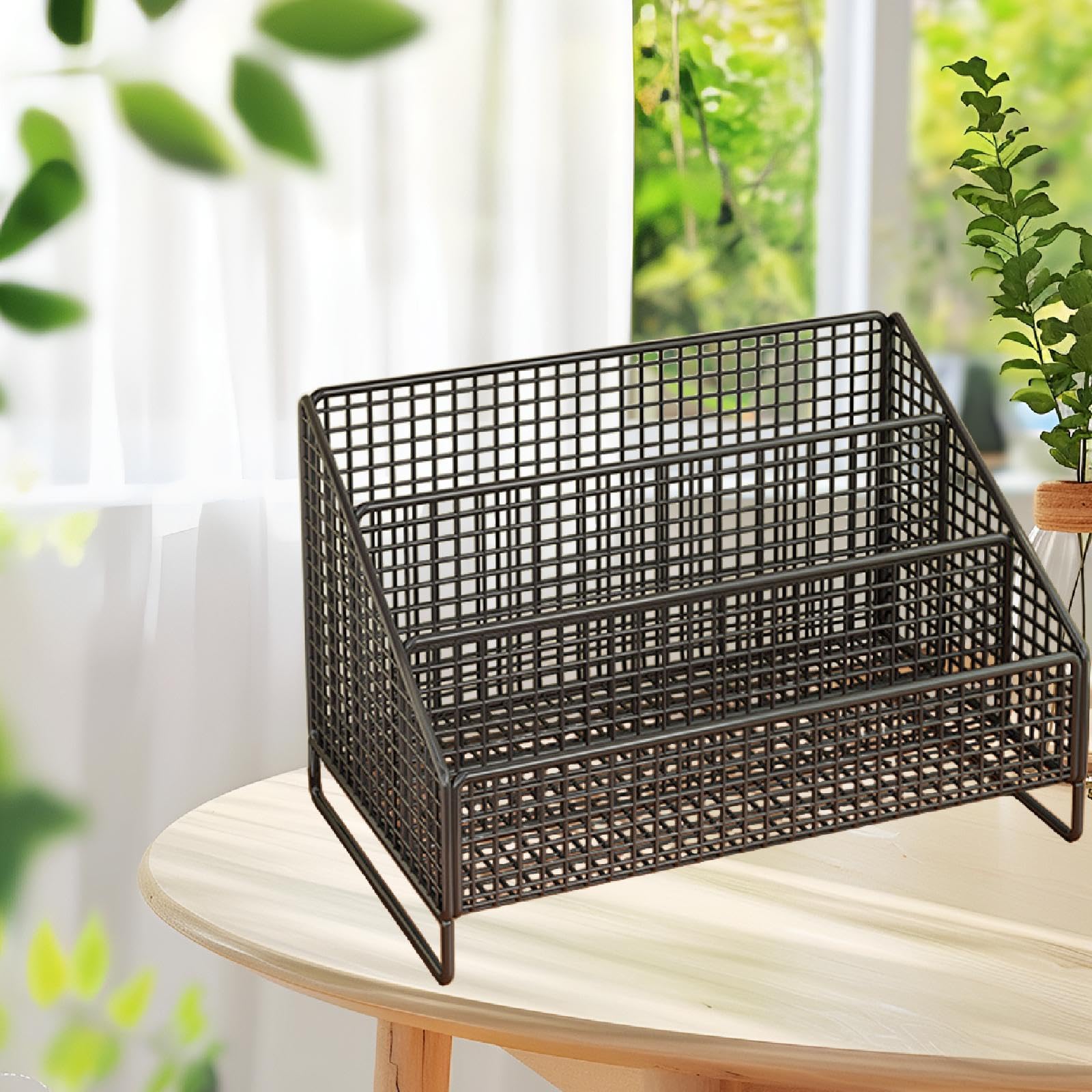 Supporto per Dischi Vinile Rack Espositore Organizer da Scrivania in Ferro Robusto Antideformazione Tre Scomparti Adatto per Negozi Uffici Saloni Most, Nero, 36cmx22cmx24cm