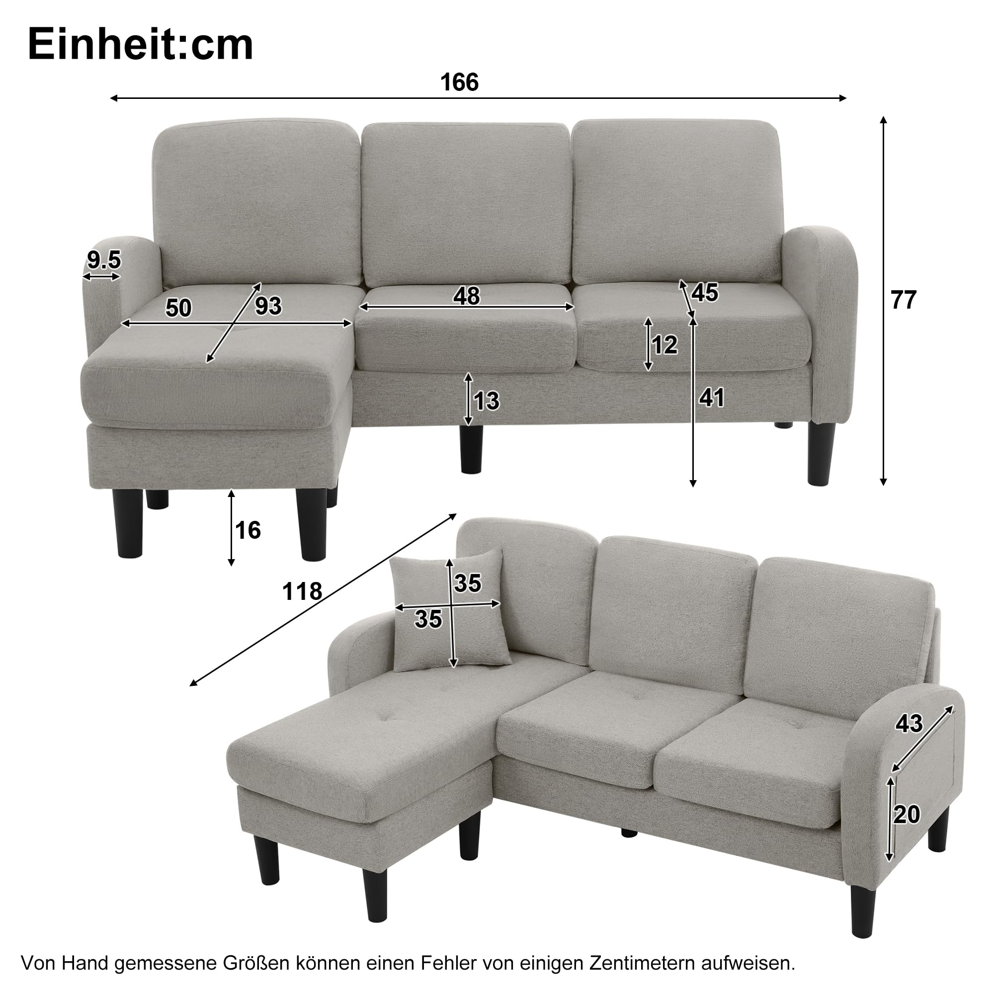 TIZZ Divano angolare a forma di L con chaise longue - Divano a 3 posti, 166 x 118 x 77 cm, tessuto in lino di cotone traspirante, gambe in plastica, design modulare, ideale per soggiorno, appartamenti