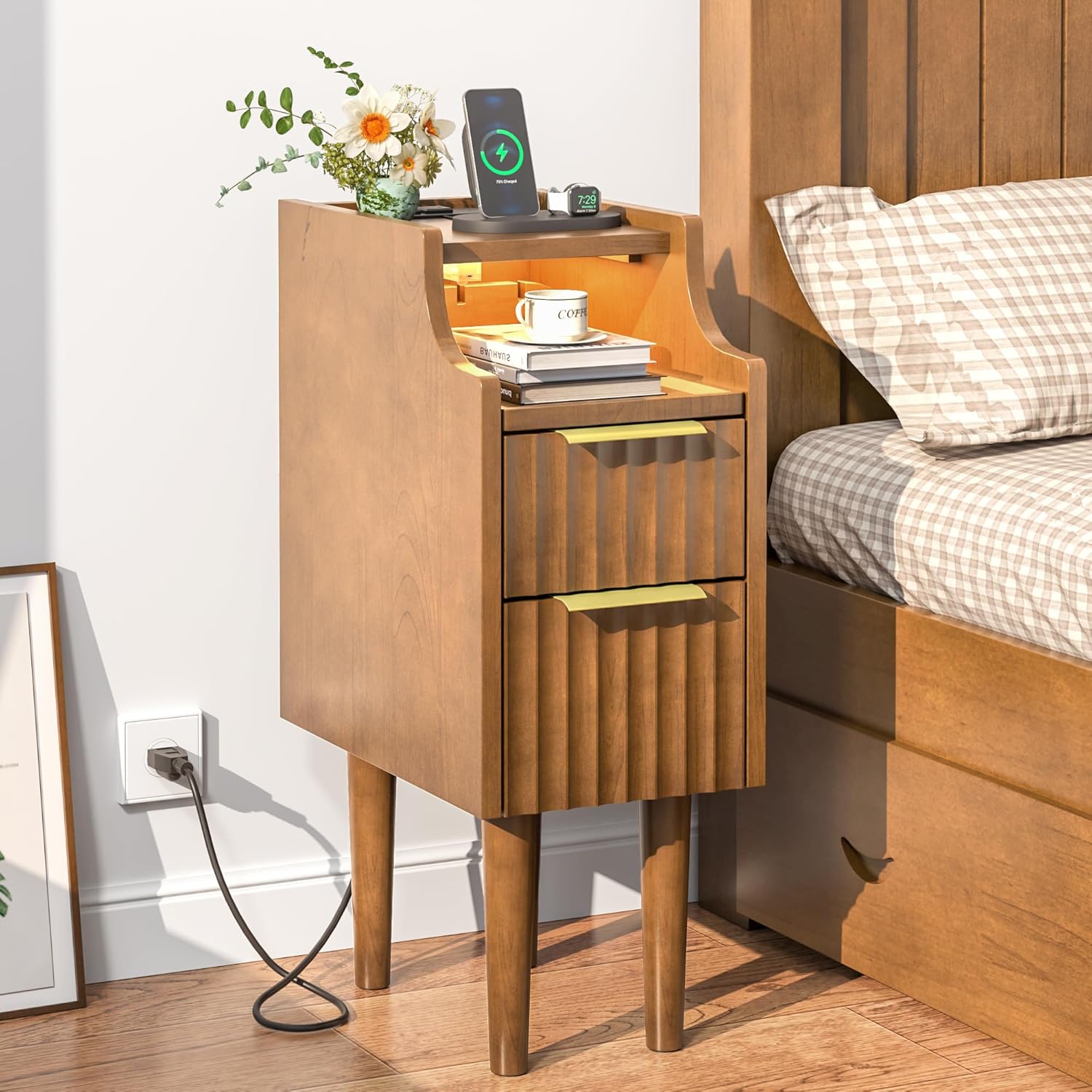 Fluted Narrow Nightstand with Charging Station, Solid Wood Night Stand with 2 Drawers, Walnut Mid Century Modern Led Nightstand, Small Beside Table with Open Storage Shelf for Bedroom （10 inch）