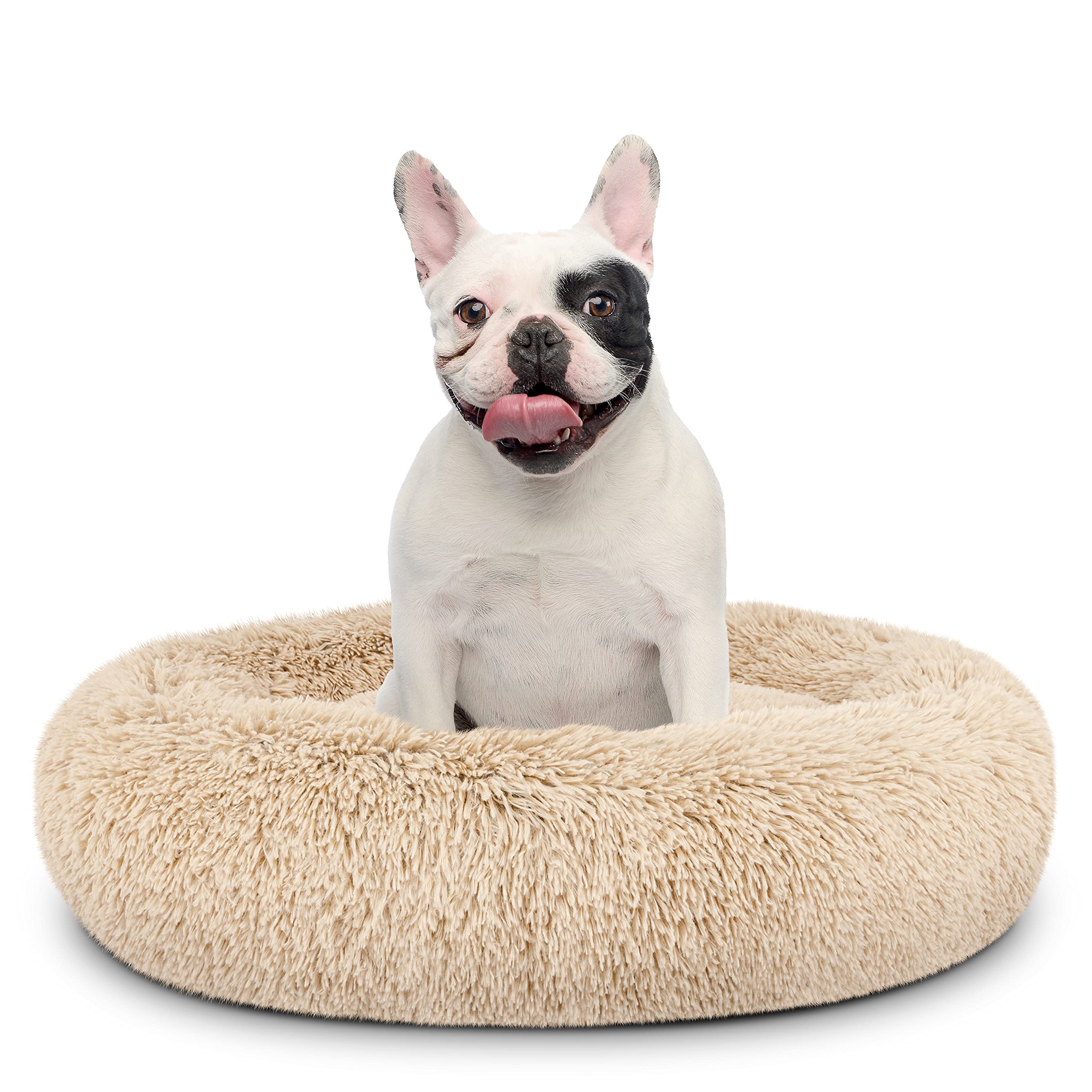The Dogโs Bed Calming Donut Dog Bed, Plush Faux Fur Round Cuddler Nest โ Removable Washable Zip Cover, Medium Beds - 76cm Diameter, Beige Fur