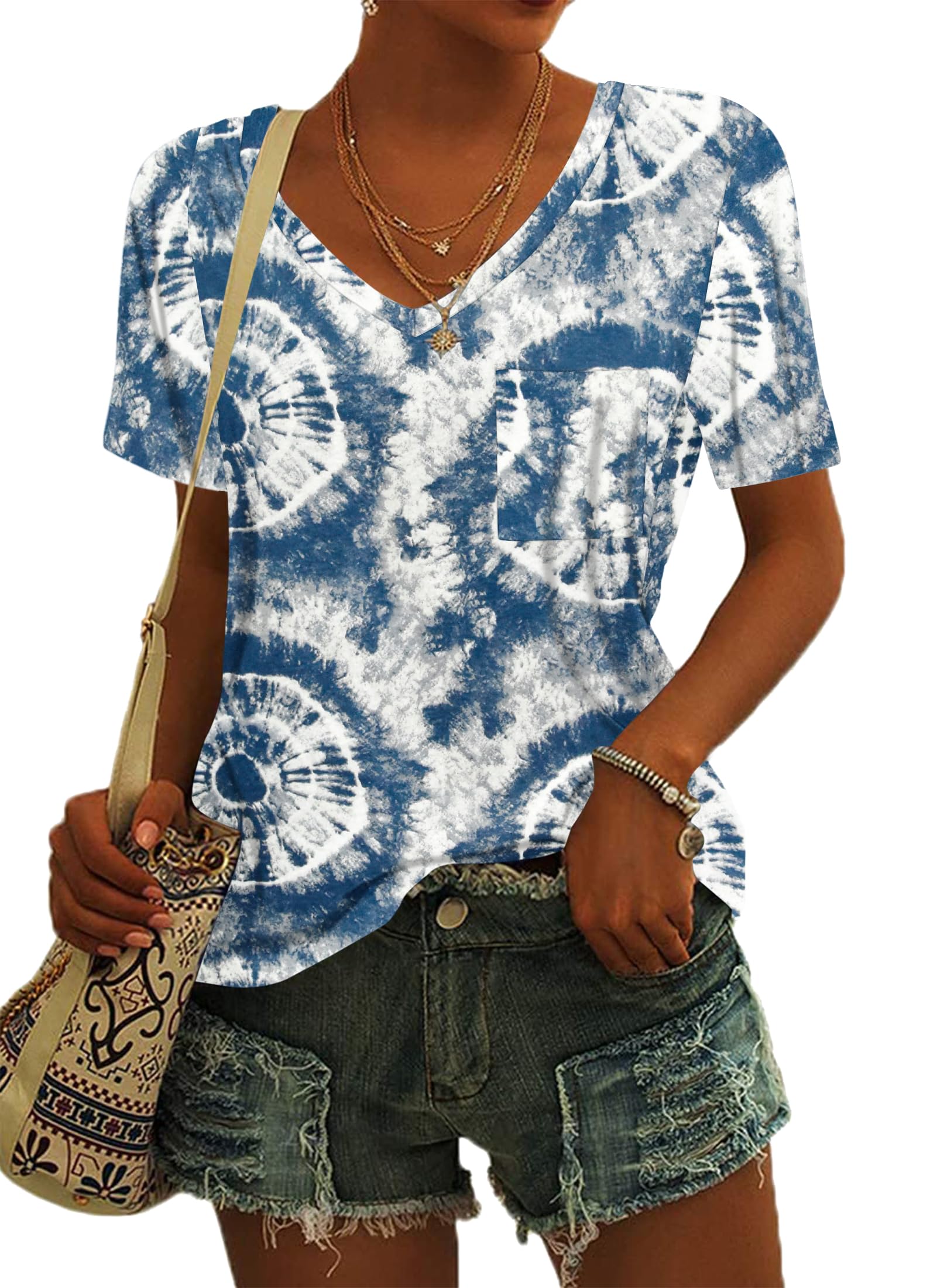 MOLERANI Damen T-Shirts Kurzarm V-Ausschnitt Lose Sommer T-Shirts Basic Tunika Tops mit Tasche