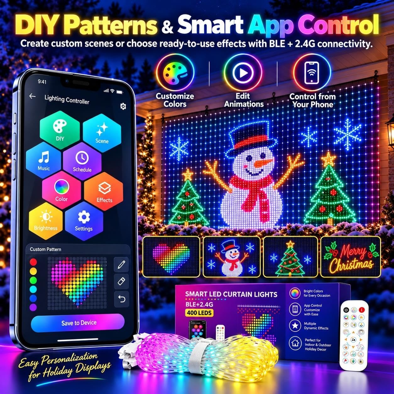 Smart RGB LED Curtain Lights, 400 LED Outdoor Wall Display with App&Remote