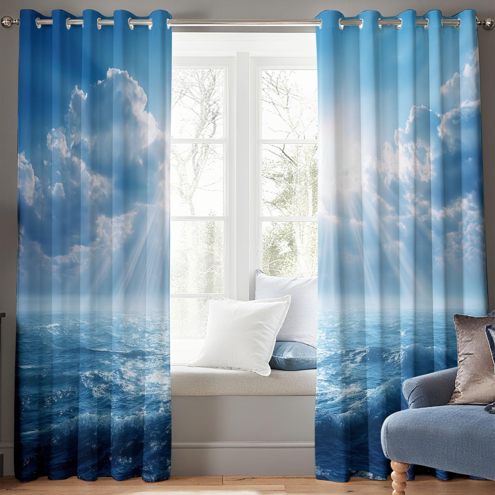 Rideaux Occultants Bleu Lot de 2 117L x 229H cm Rideaux Occultants Ciel Bleu Nuages Blancs Mer Vagues avec Isolation Thermique, Rideau en Polyester Insonorisant pour Décoration Salon Chambre