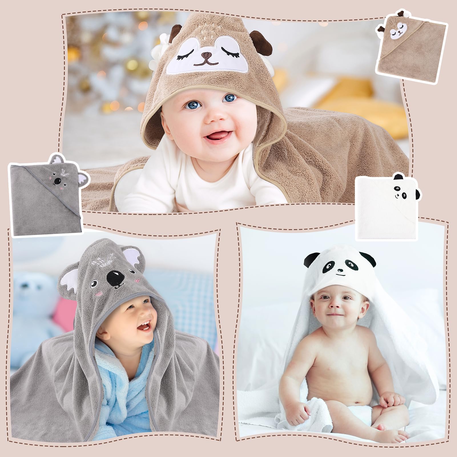 3 asciugamani da bagno con cappuccio per bambini, asciugamano per bebè, asciugamano per neonato, asciugamano da bagno per piscina, 80 x 80 cm, mantello da bagno 0-5 anni, cachi, bianco, GR