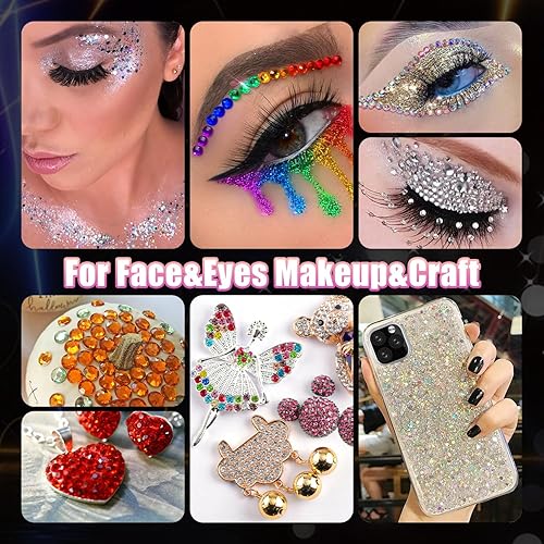 Miniatura 7 de Juego de 1225 calcomanías de gemas de cara arcoíris y purpurina gruesa, 1225 piezas de diamantes de imitación faciales de 0.118-0.236 in y 8 macetas