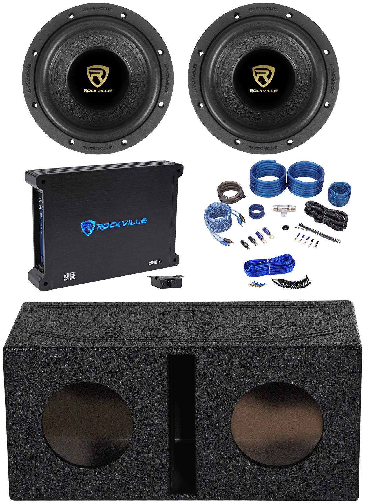 2 Rockville W65K9D2 6.5" 1000w Subwoofers+Bedlined Vented Box+Amplifier+Amp Kit