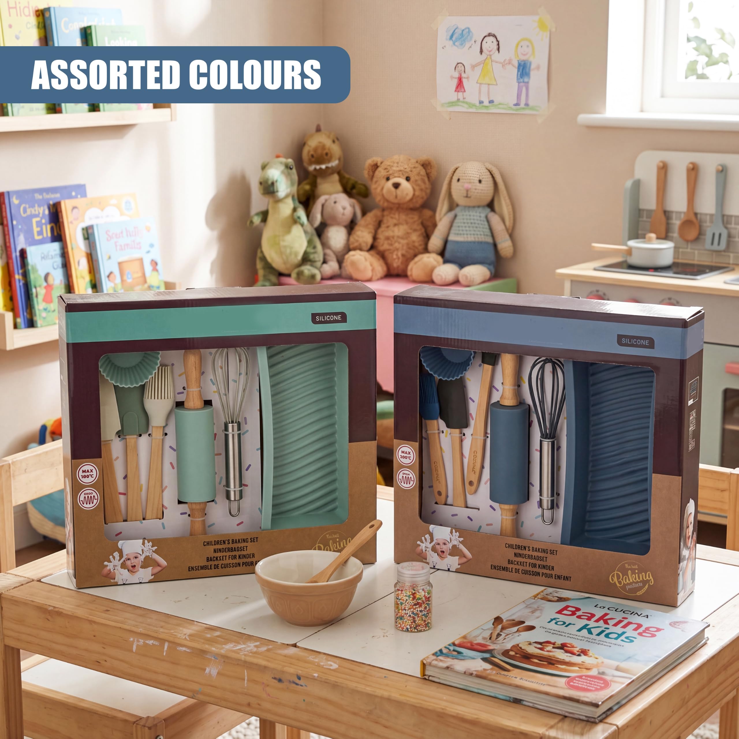 Silikon Backset für Kinder inkl Backform, Teigroller, Spatel, Pinsel, Schneebesen