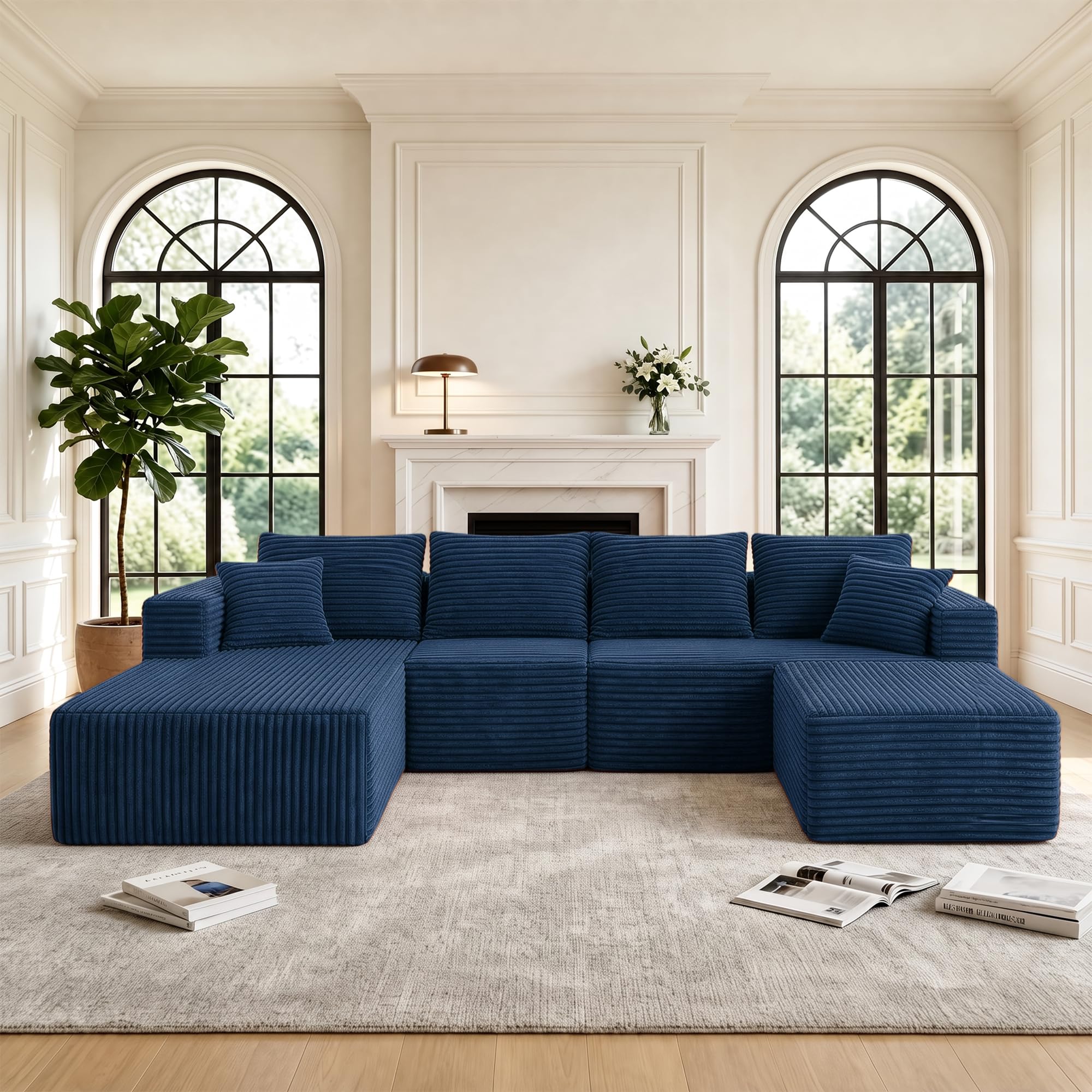 118" Modular Sectional Sofa with Chaise &amp; Ottoman, Navy Blue