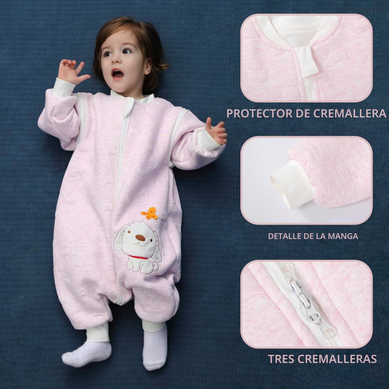 Saco Dormir Bebe Invierno 2.0tog. con Mangas extraíbles,100% algodón otoño e Invierno.1 a 3 años - Rosa