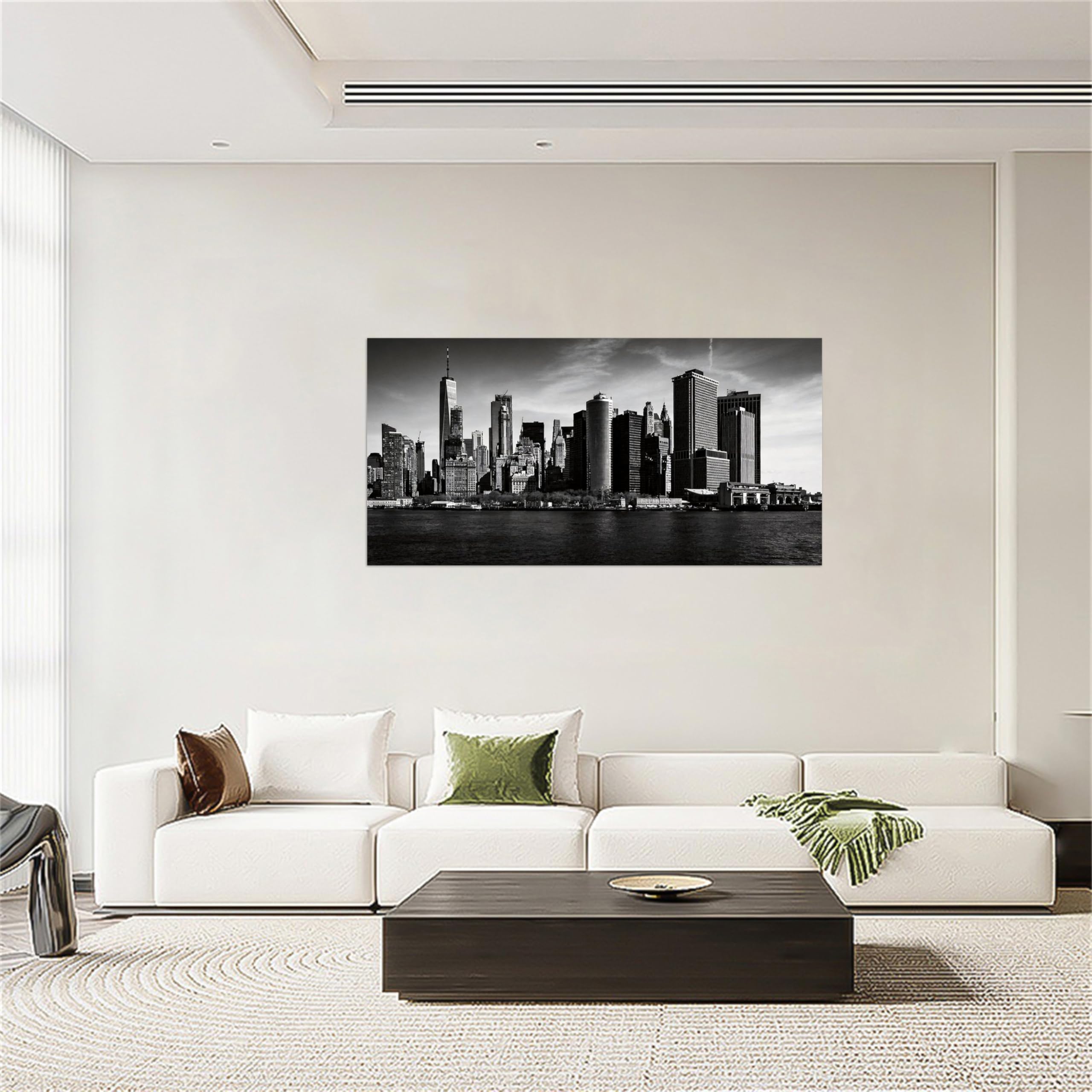 OZPWBVY Schwarz und Weiß Landschaftsbild-Stadt Gebäude Skyline-Minimalistisch Bild auf Leinwand-Wandbild Fertig zum Aufhängen 60x120cm Gerahmt