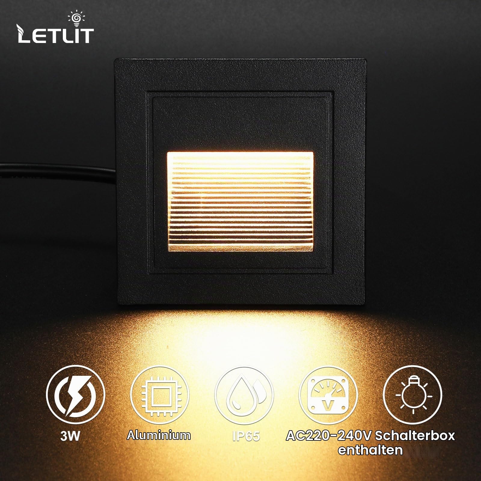 6er Set Treppenbeleuchtung 3W 300lm, LED Treppenstufenbeleuchtung 230V 3000K, 85x85mm, IP65 Wandeinbauleuchte Treppenlicht Beleuchtung für Treppen Wand, Unterputzdosen 68mm, Aluminium Schwarz