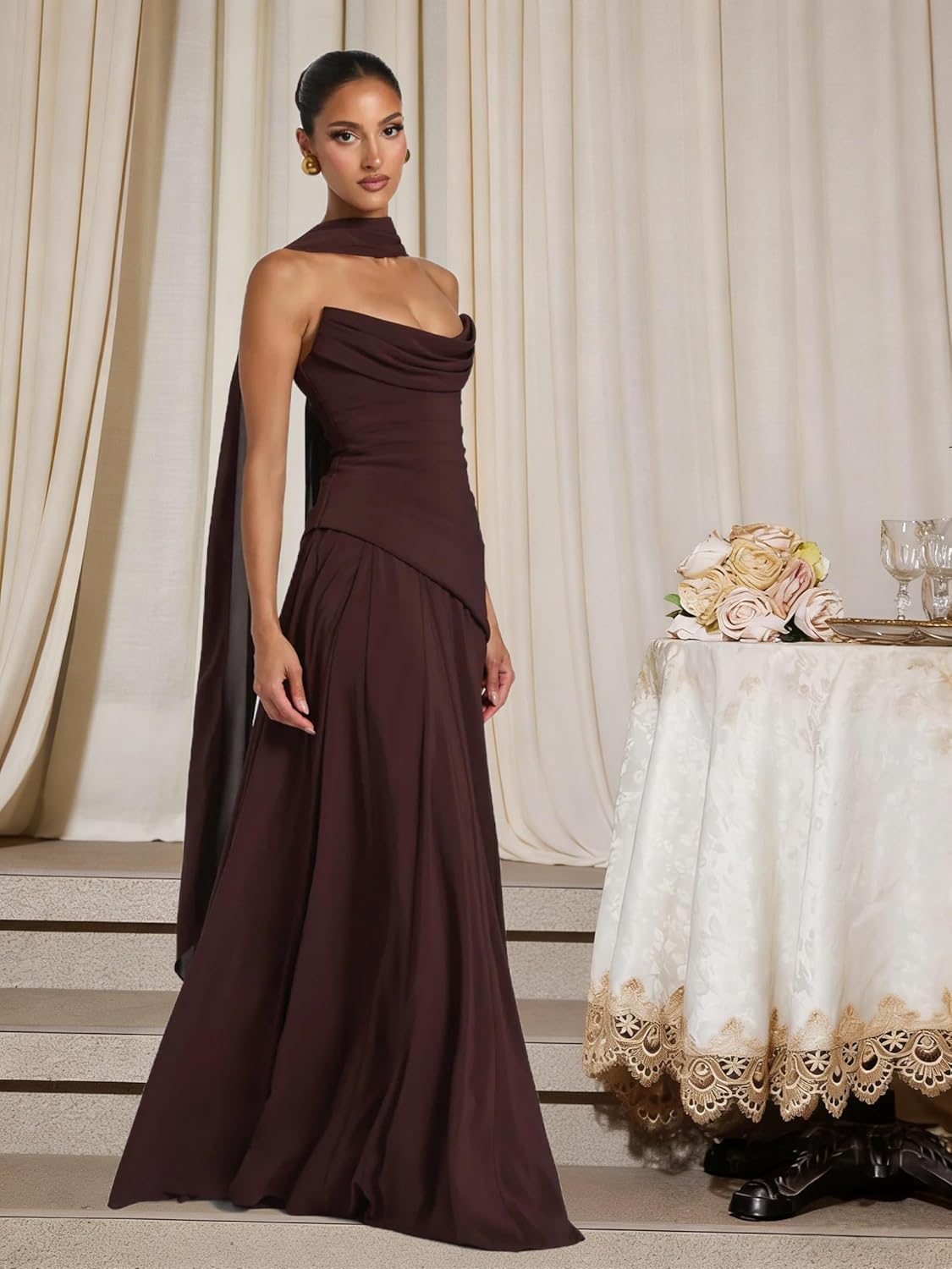 Bridesmaid Strapless Chiffon Prom Dress for Women Cowl Neck Pleated Corset Dresses with Scarf - Image 6