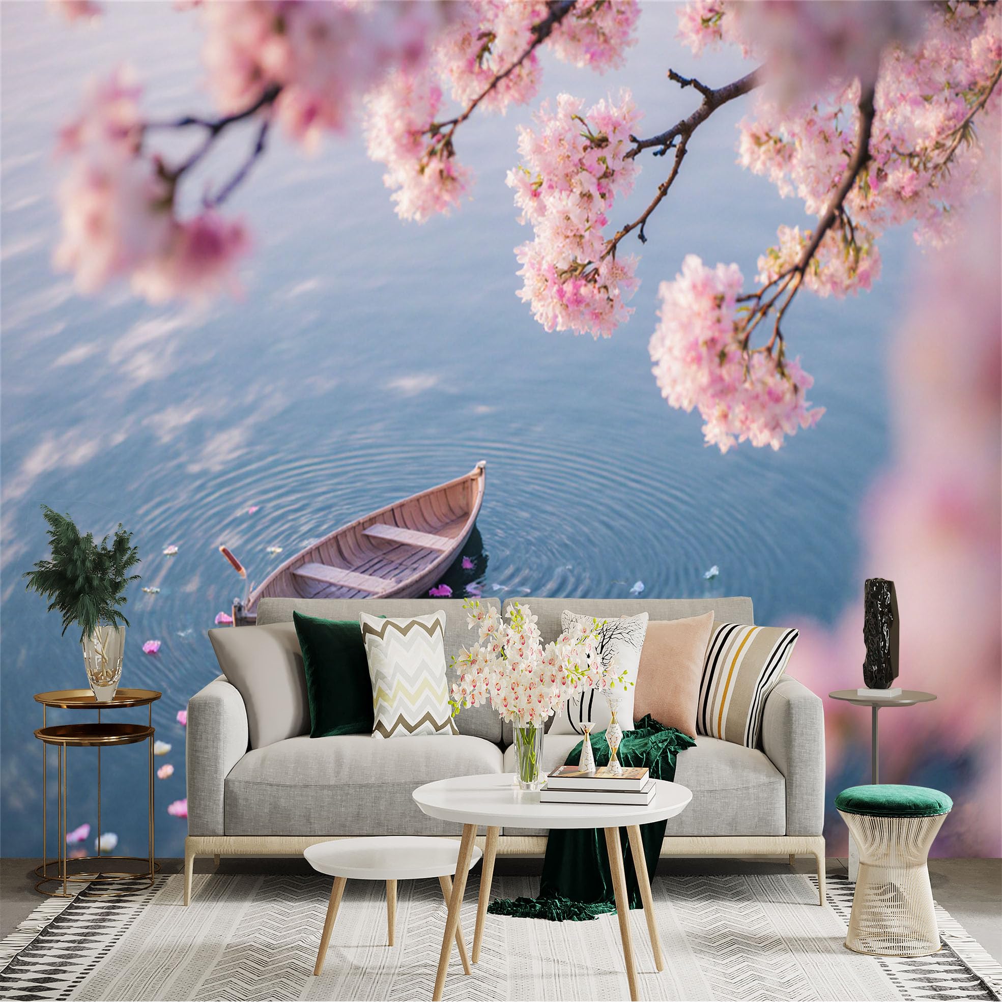 Custom Size Wall Sticker Mural， Wooden Boat on Calm Water， Pink Cherry Blossom Petals， Tranquil Spring Lake Scenery， for wall Decoration， peelandstick wall Decals.