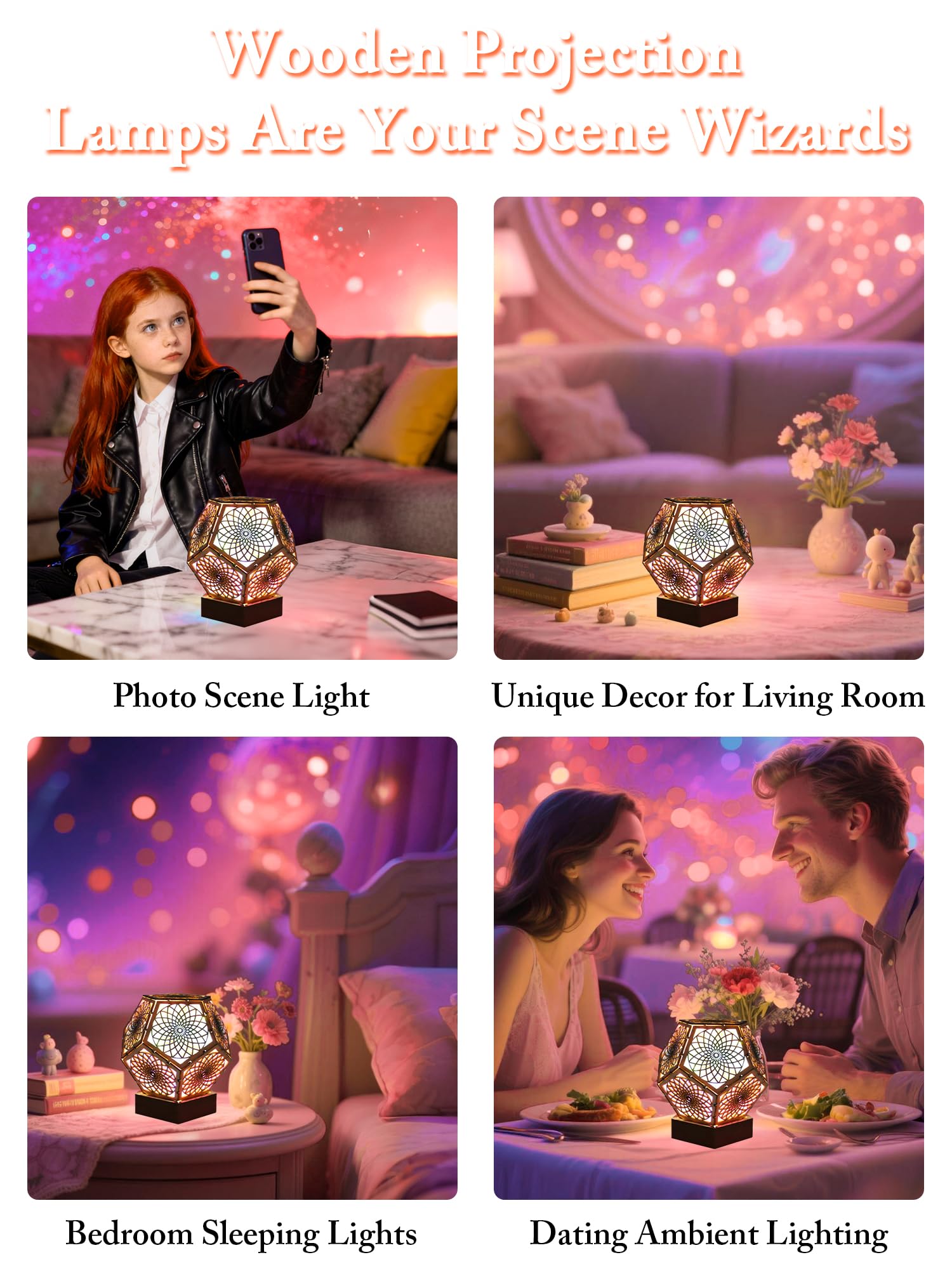 Starlight Projector Lamp,Boho Ambient Lighting Ceiling Projector Night Light, Wooden Colorful LED Lights for Bedroom Vintage Room Decor Aesthetic Unique Gifts for Christmas Halloween Birthdays: Pentagonal