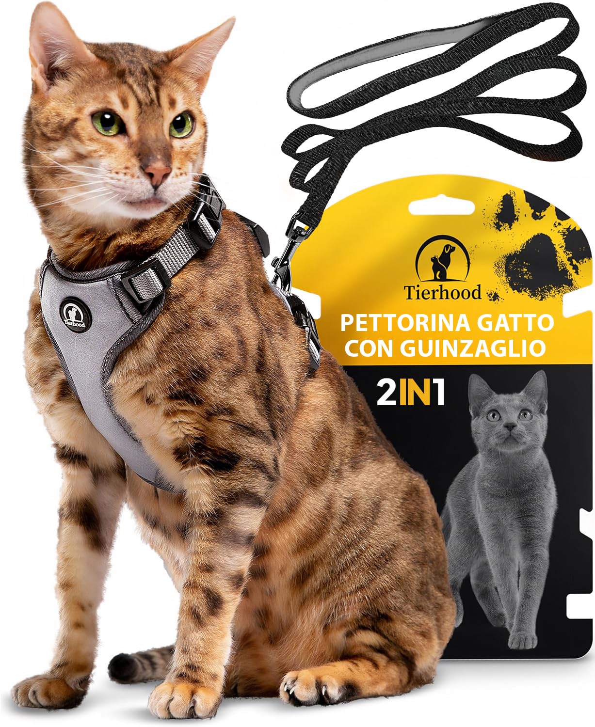 Pettorina Gatto Antifuga Regolabile con Guinzaglio 1,4m - Grigio, Taglia M | Neoprene leggero e resistente - libertà di movimento senza pressione - riflettori luminosi - clip al collo, senza stress