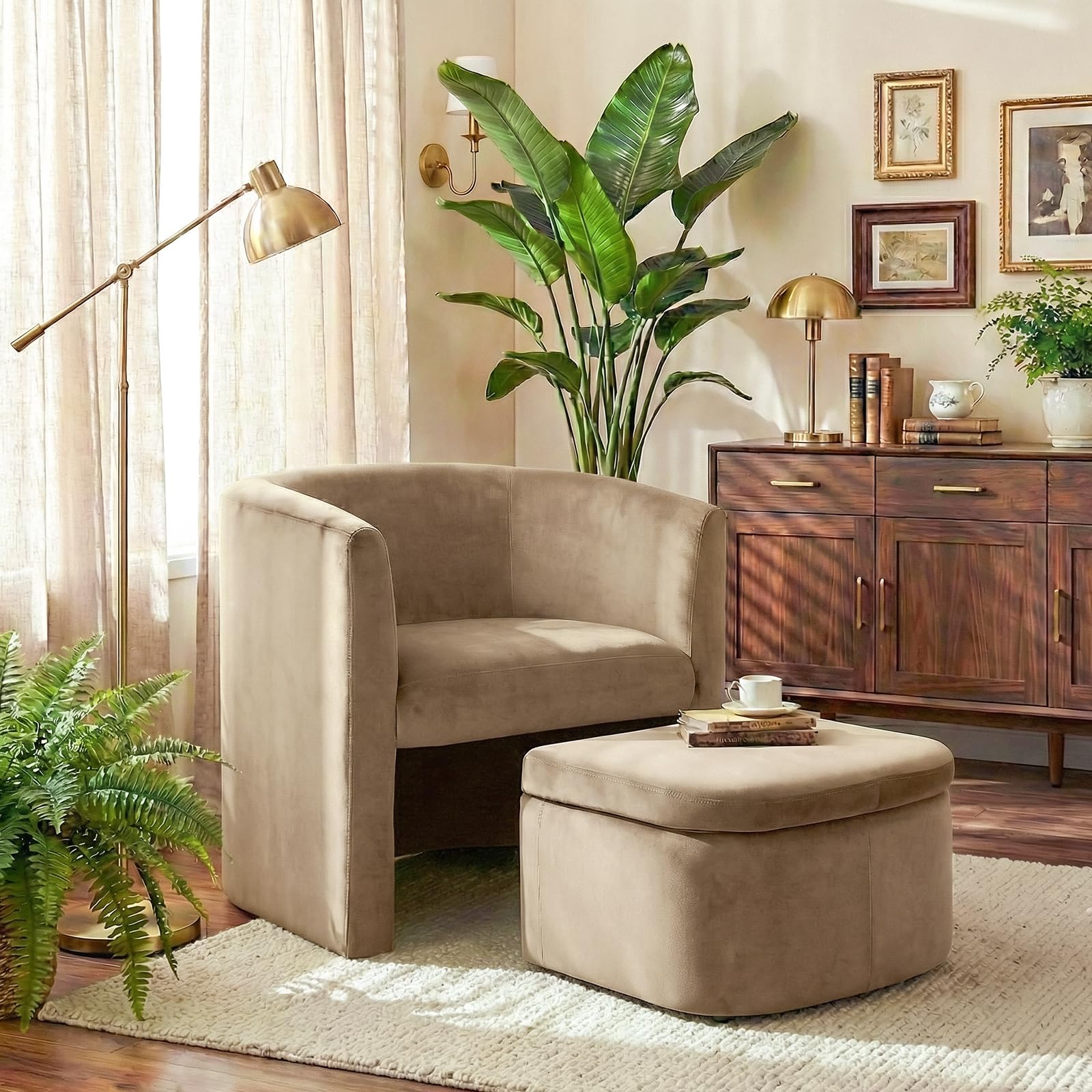 COLAMY Upholstered Velvet Barrel Accent Chair with Storage Ottoman, Morden Living Room Chair with Lounge Seat for Bedroom/Reading Spaces, Khaki