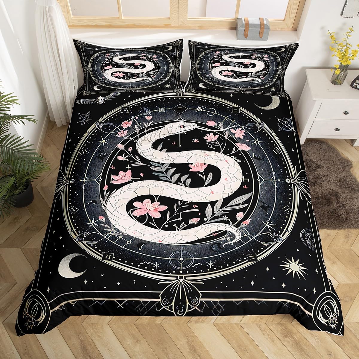 Snake Pattern Duvet Cover King Size,Boho Sun Moon Comforter Cover with 2 Pillowcase for Teens Adults,Kids Pink Peach Blossom Bedding Set,Starry Sky Breathable 3 Pcs Decorative Bed Cover(No Comforter)