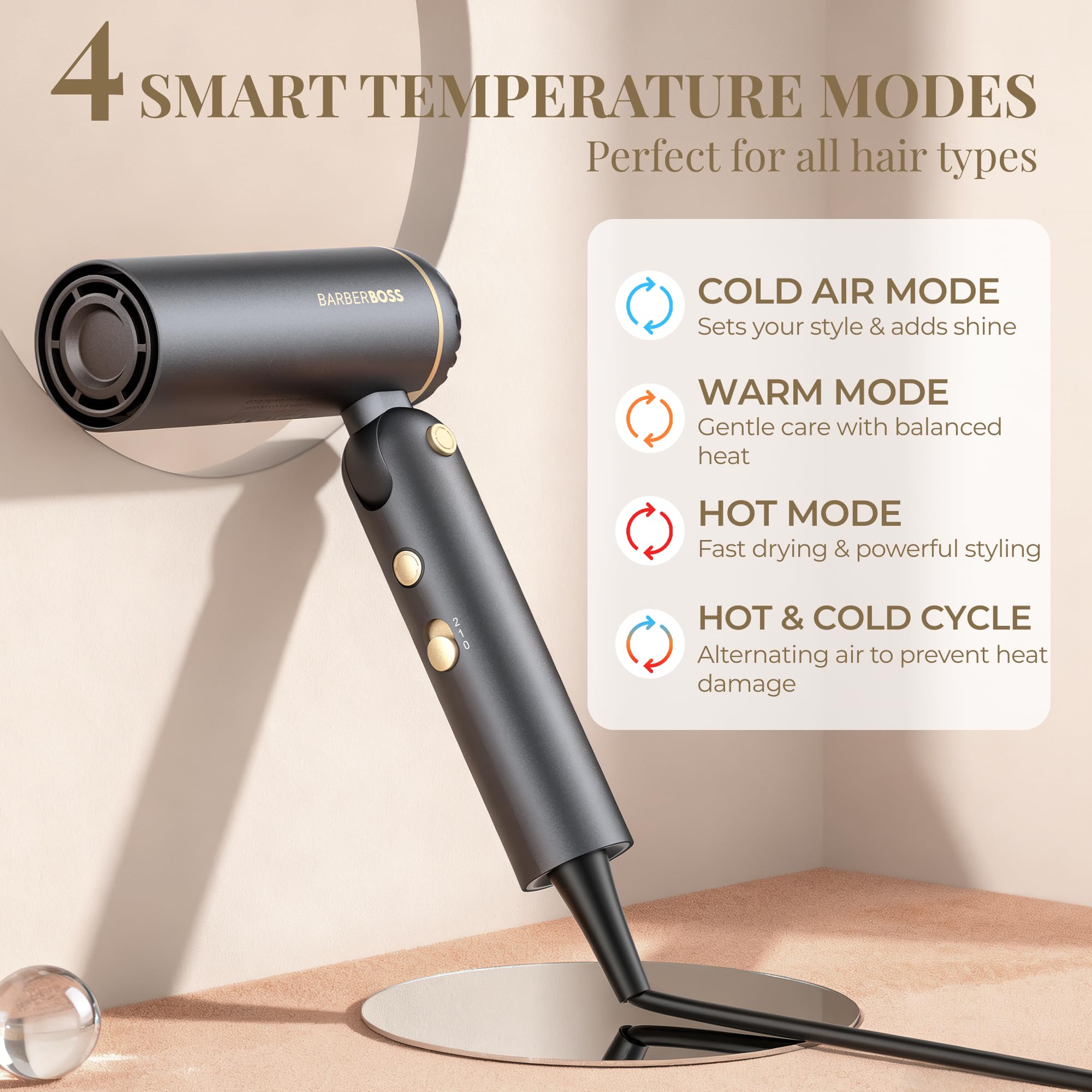 BarberBoss Sèche-cheveux, styler à air chaud, anti-frisottis, ions négatifs, sèche-cheveux et fer à friser pliable, moteur haute vitesse, outil de coiffure de voyage, styler à séchage rapide, QR-8850