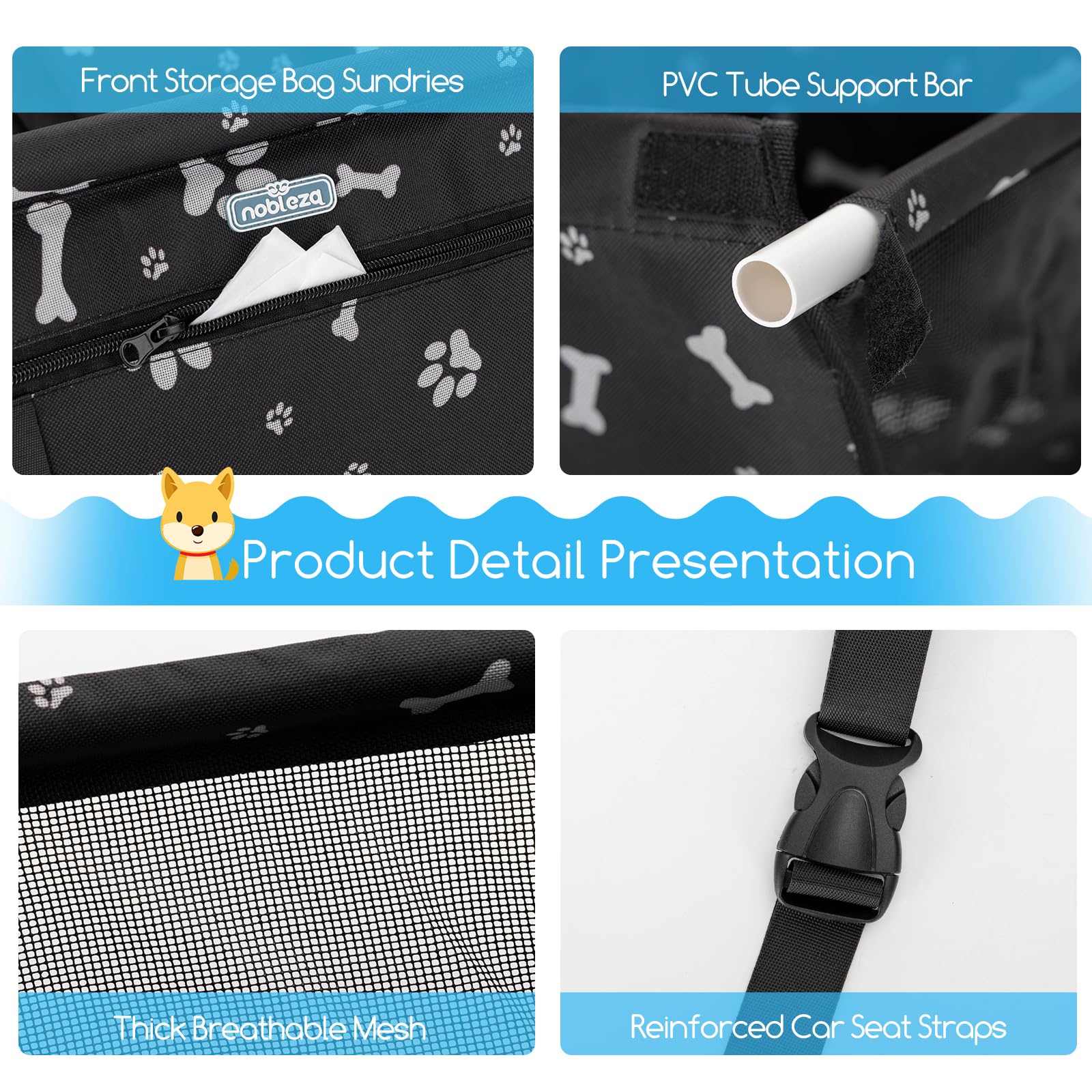 Nobleza Seggiolino Auto per Cani Piccola Taglia e Gatti, Trasportino Cane Auto con Tasca con Cerniera e Cintura di Sicurezza, Impermeabile e Pieghevole, Rete Traspirante, 40x34x25cm, Nero