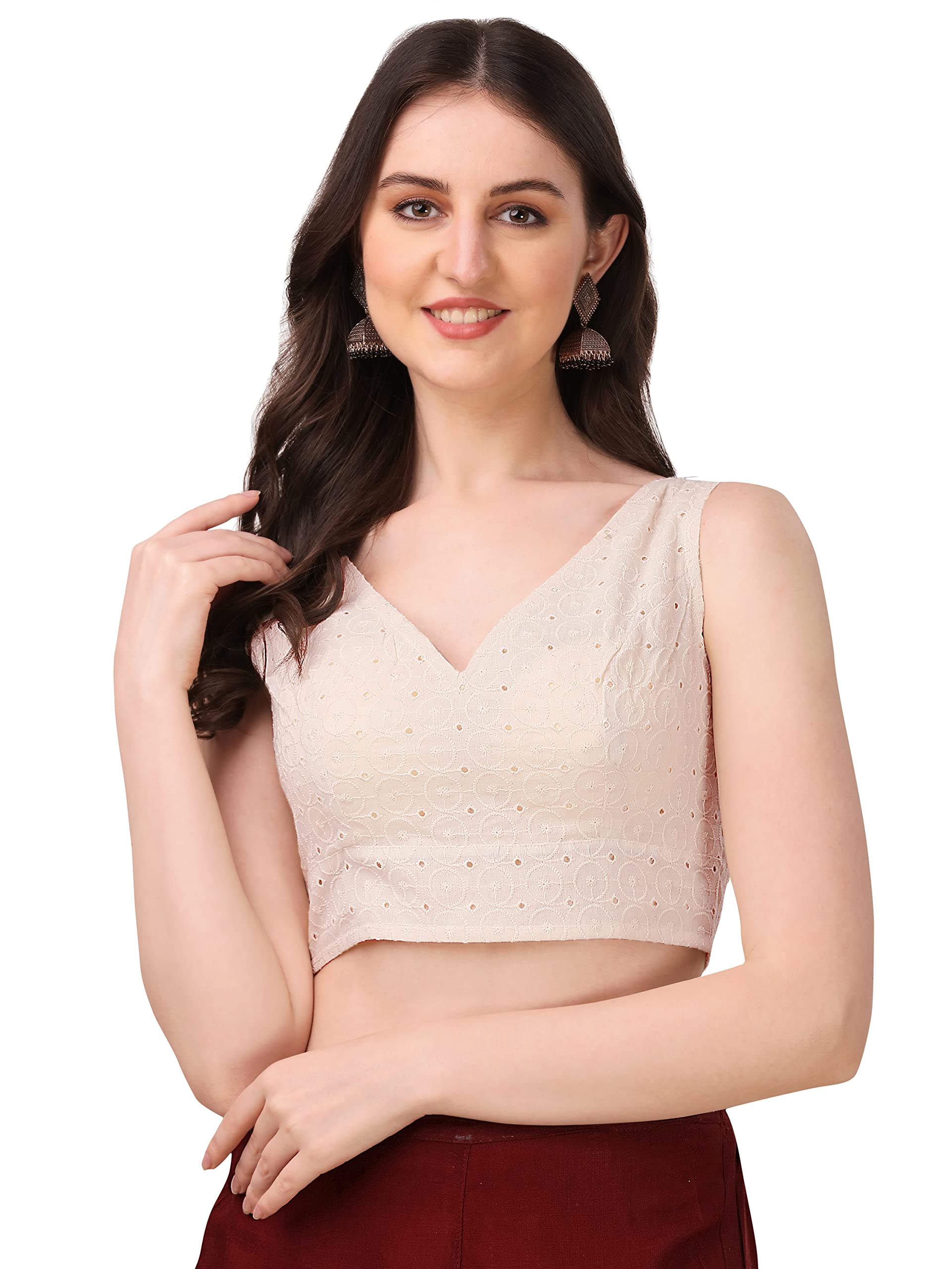 Oomph! Women's Indian Ethnic Wear Designer Abstract Pattern V Neck Sleeveless Cotton White Blouse For Saree Or Lehnga And Blousepalazzos Or Skirts For A Fusion Twist.